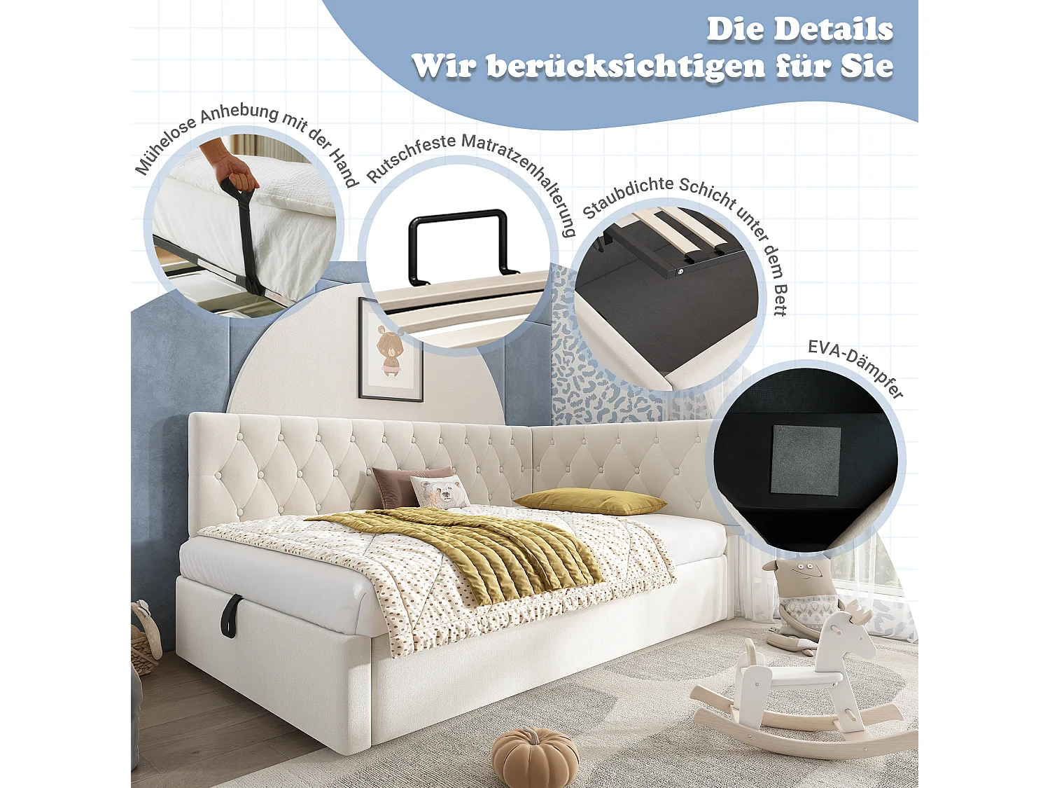 Canapé-lit rembourré pour enfant - 90 x 200 cm - avec rangement hydraulique - velours - beige