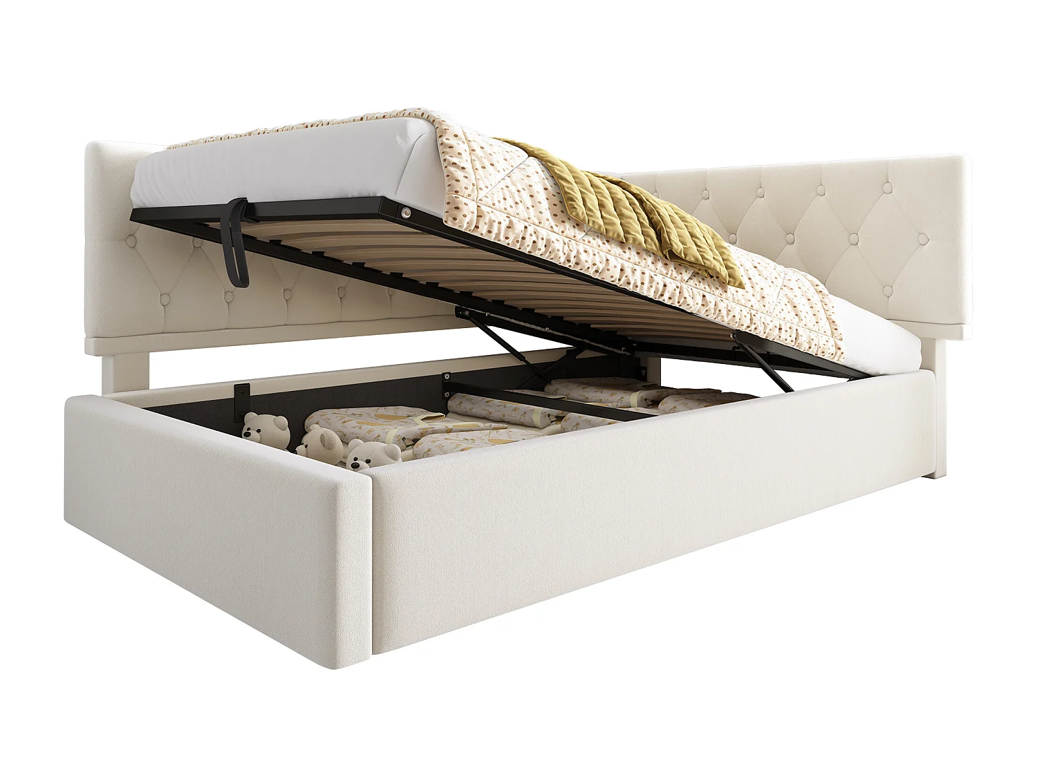 Canapé-lit rembourré pour enfant - 90 x 200 cm - avec rangement hydraulique - velours - beige