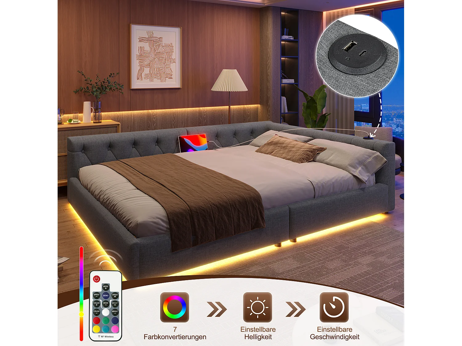 Canapé-lit - 140 x 200 cm - avec Leds + tête de lit capitonnée + USB + Type-C - Lin + MDF - gris