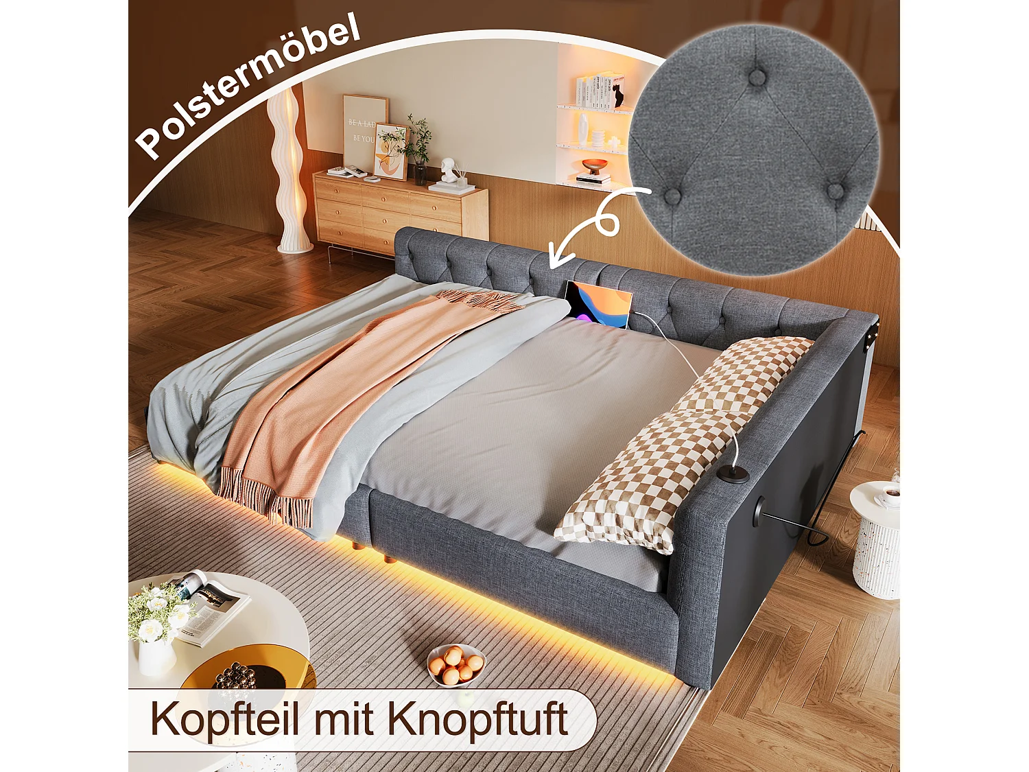 Canapé-lit - 140 x 200 cm - avec Leds + tête de lit capitonnée + USB + Type-C - Lin + MDF - gris