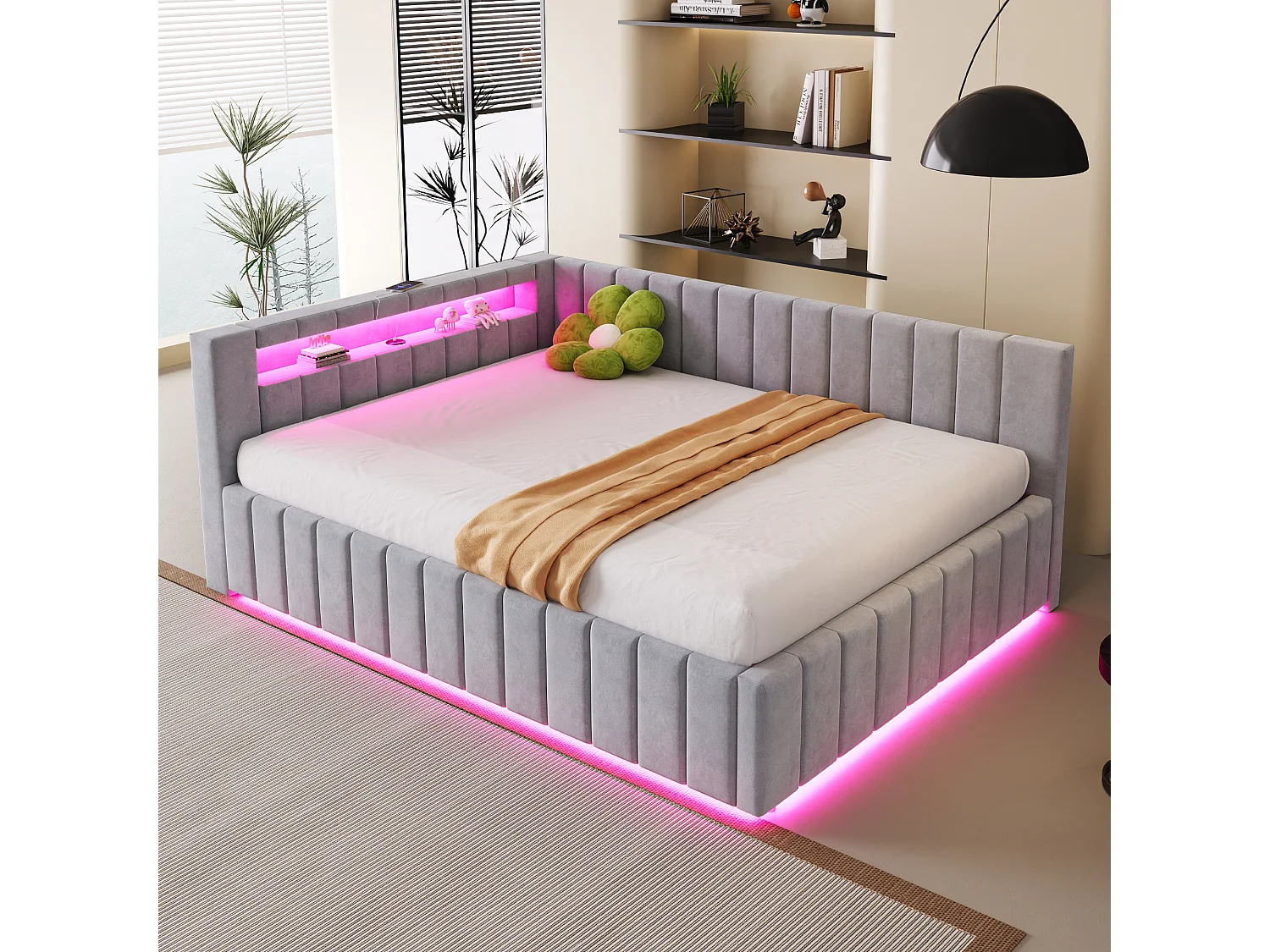 Klädd bäddsoffa - 140 x 200 cm - med hydraulisk förvaring + LED-lampor + USB + ryggstöd + huvudgavel - sammet + plywood + MDF - grå