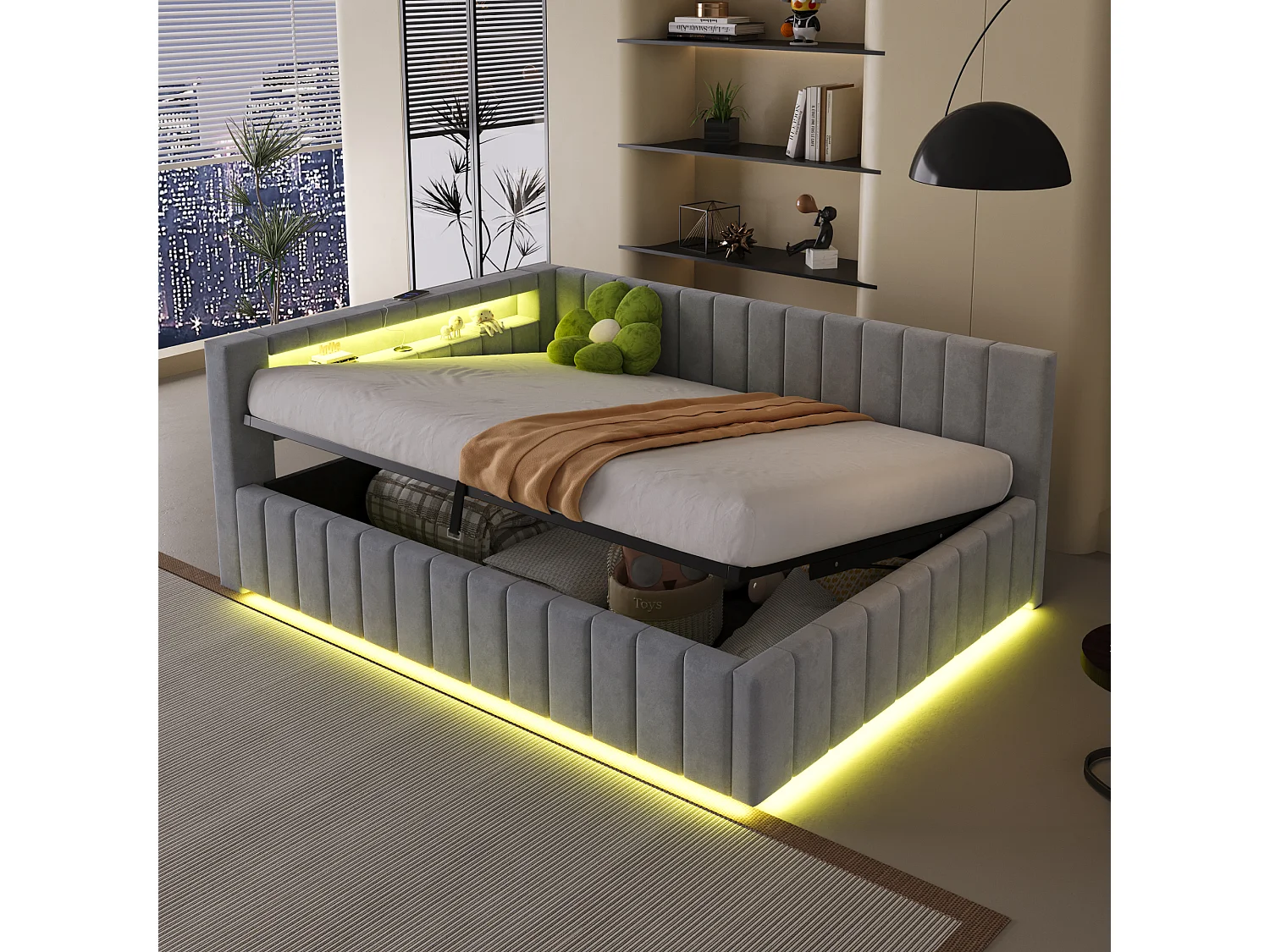 Klädd bäddsoffa - 140 x 200 cm - med hydraulisk förvaring + LED-lampor + USB + ryggstöd + huvudgavel - sammet + plywood + MDF - grå