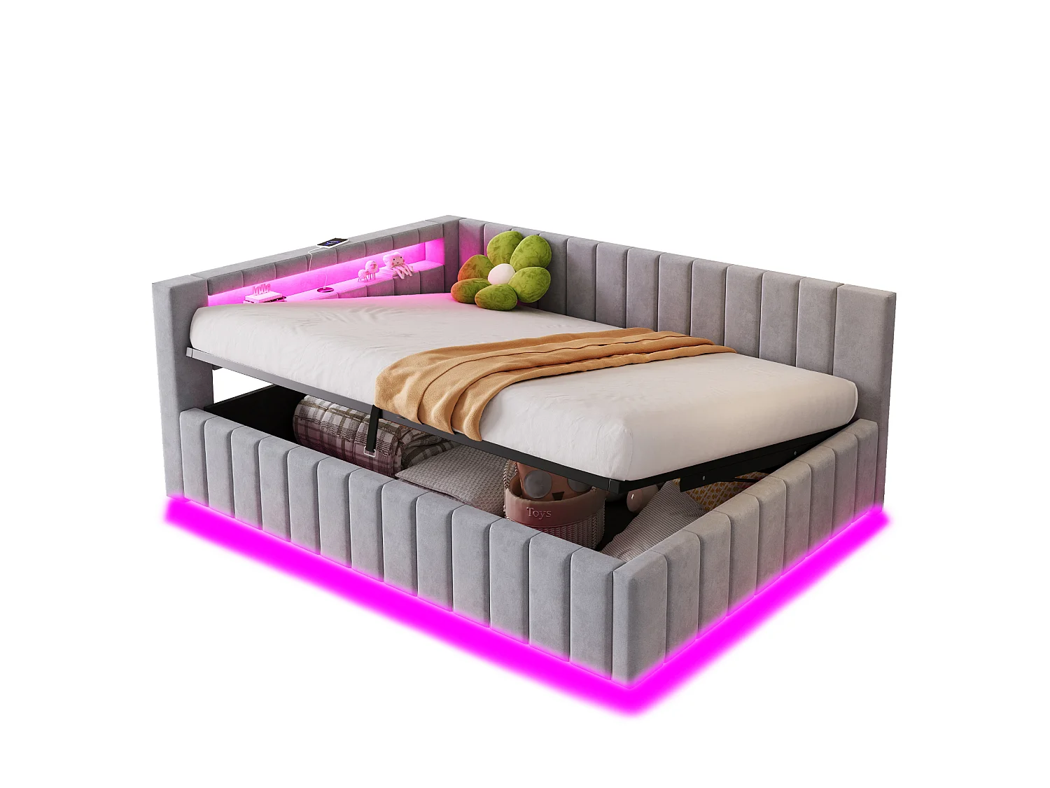 Upholstered sofa bed - 140 x 200 cm - with hydraulic storage + LEDs + USB + backrest + headboard - velvet + plywood + MDF - grey