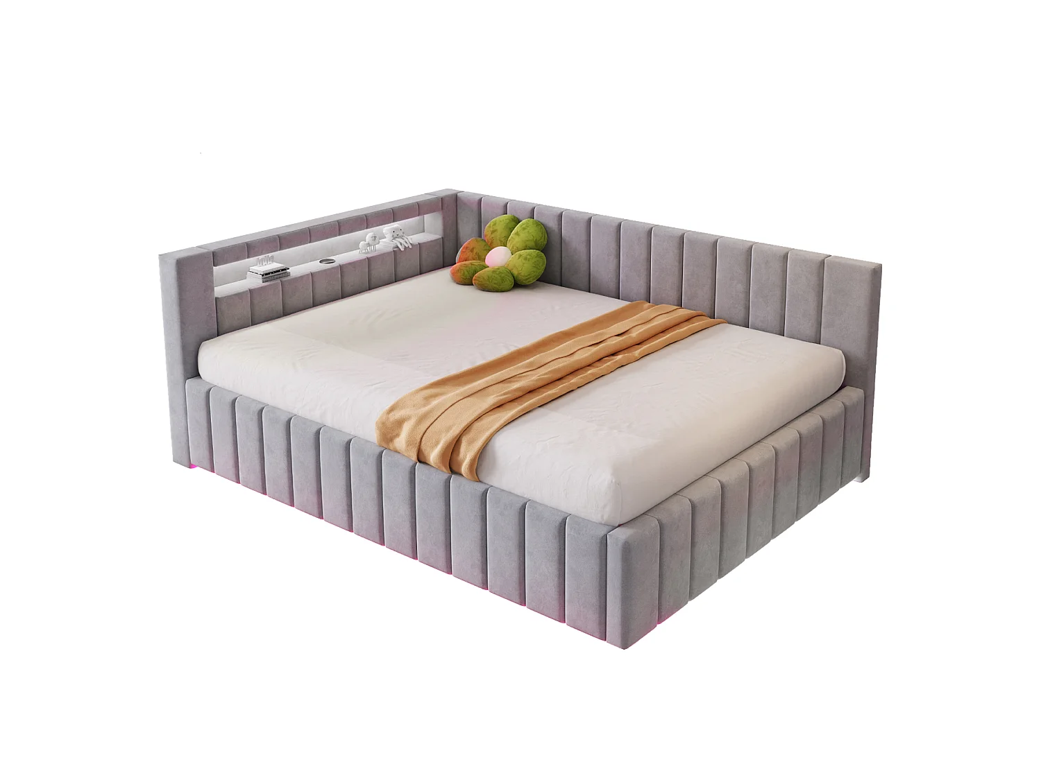 Upholstered sofa bed - 140 x 200 cm - with hydraulic storage + LEDs + USB + backrest + headboard - velvet + plywood + MDF - grey