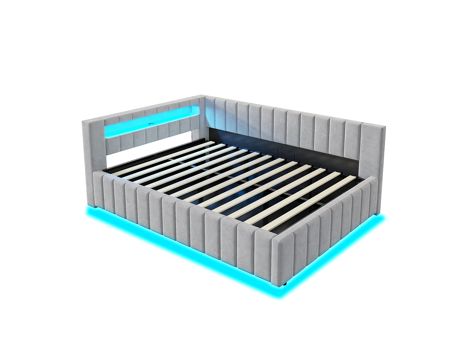 Upholstered sofa bed - 140 x 200 cm - with hydraulic storage + LEDs + USB + backrest + headboard - velvet + plywood + MDF - grey