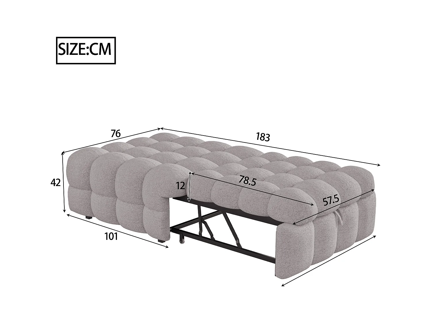 Canapé-lit rembourré gigogne - 70 x 180 cm - repose-pieds 2 en 1 - velours Teddy + métal + contreplaqué + MDF - gris