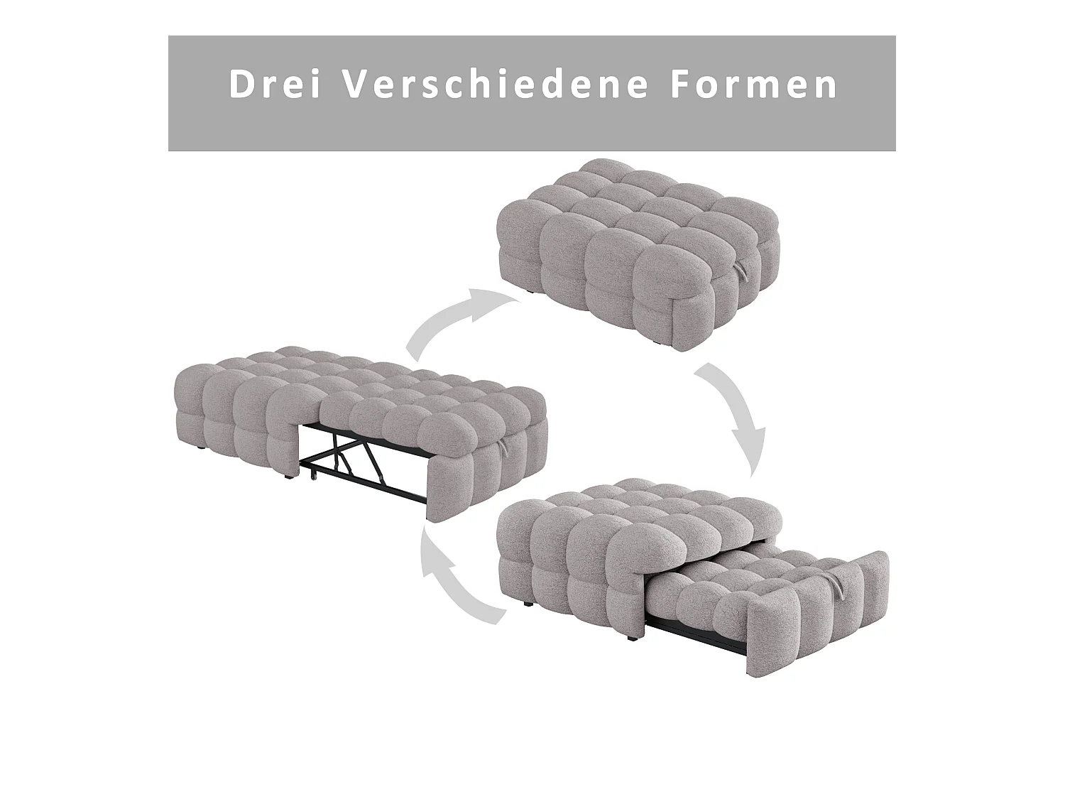 Canapé-lit rembourré gigogne - 70 x 180 cm - repose-pieds 2 en 1 - velours Teddy + métal + contreplaqué + MDF - gris