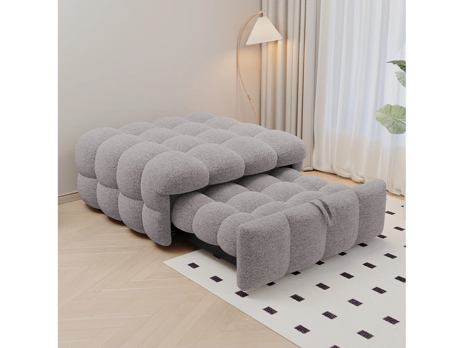 Canapé-lit rembourré gigogne - 70 x 180 cm - repose-pieds 2 en 1 - velours Teddy + métal + contreplaqué + MDF - gris