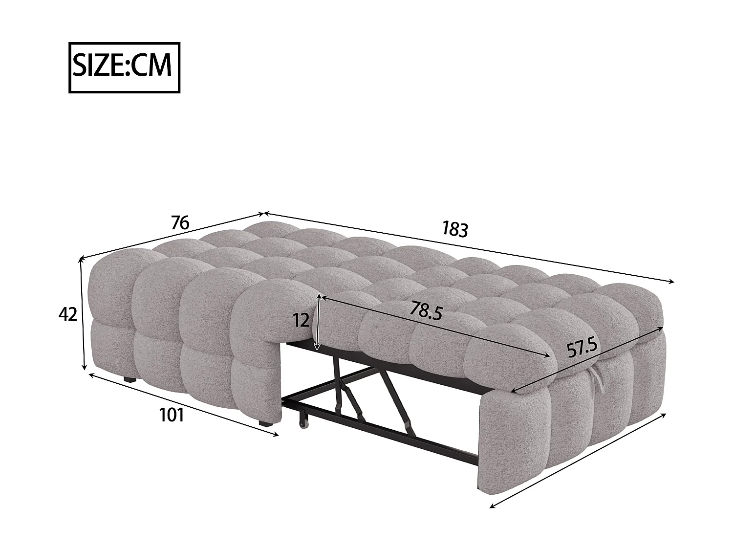 Canapé-lit rembourré gigogne - 70 x 180 cm - repose-pieds 2 en 1 - velours Teddy + métal + contreplaqué + MDF - gris