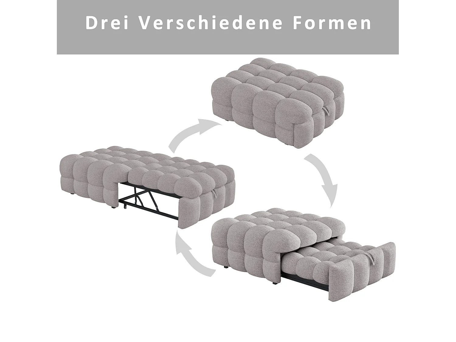 Canapé-lit rembourré gigogne - 70 x 180 cm - repose-pieds 2 en 1 - velours Teddy + métal + contreplaqué + MDF - gris