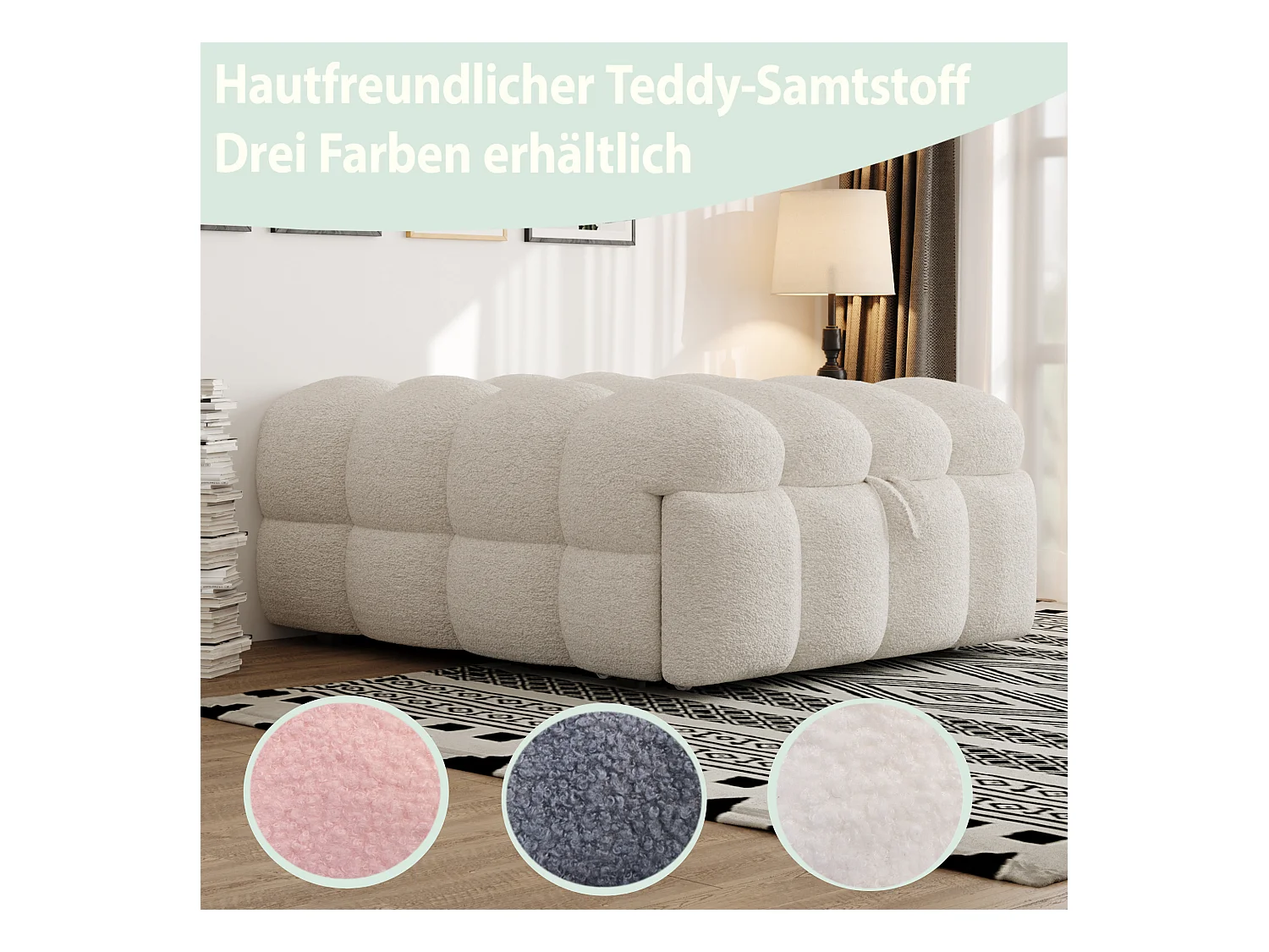 Divano letto estraibile imbottito - 70 x 180 cm - Pouf 2 in 1 - Tessuto Teddy - beige