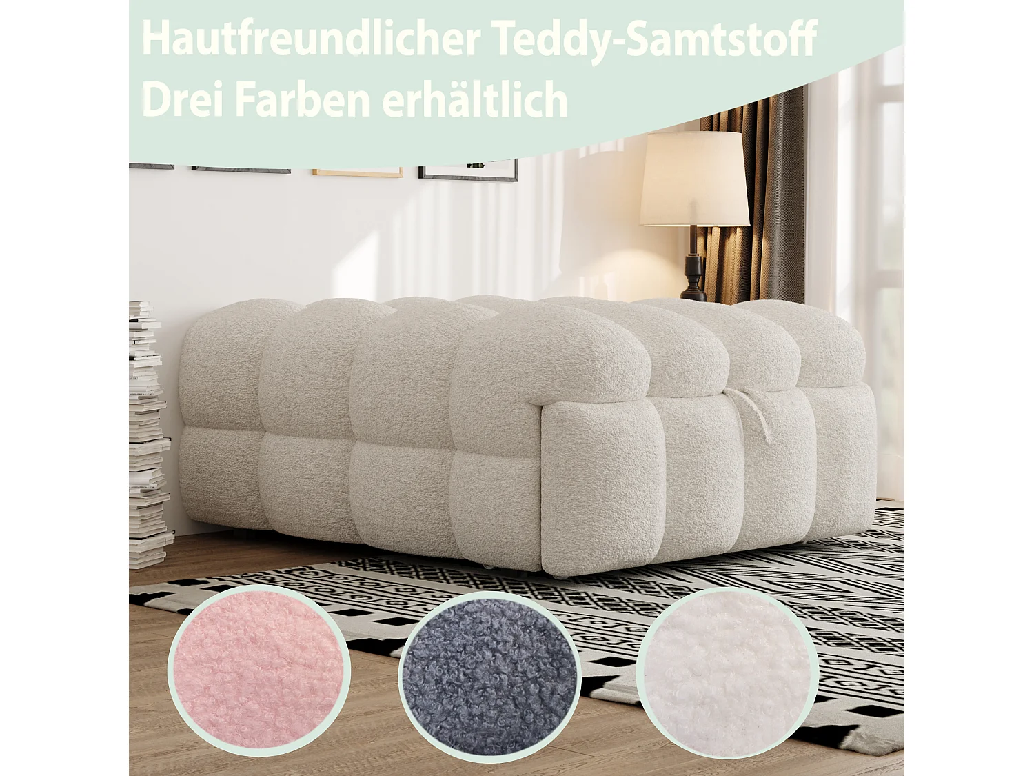 Canapé-lit rembourré gigogne - 70 x 180 cm - repose-pieds 2 en 1 - velours Teddy + métal + contreplaqué + MDF - beige