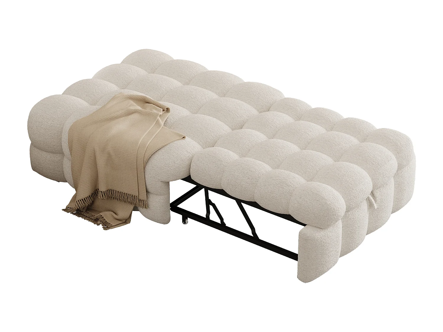 Canapé-lit rembourré gigogne - 70 x 180 cm - repose-pieds 2 en 1 - velours Teddy + métal + contreplaqué + MDF - beige