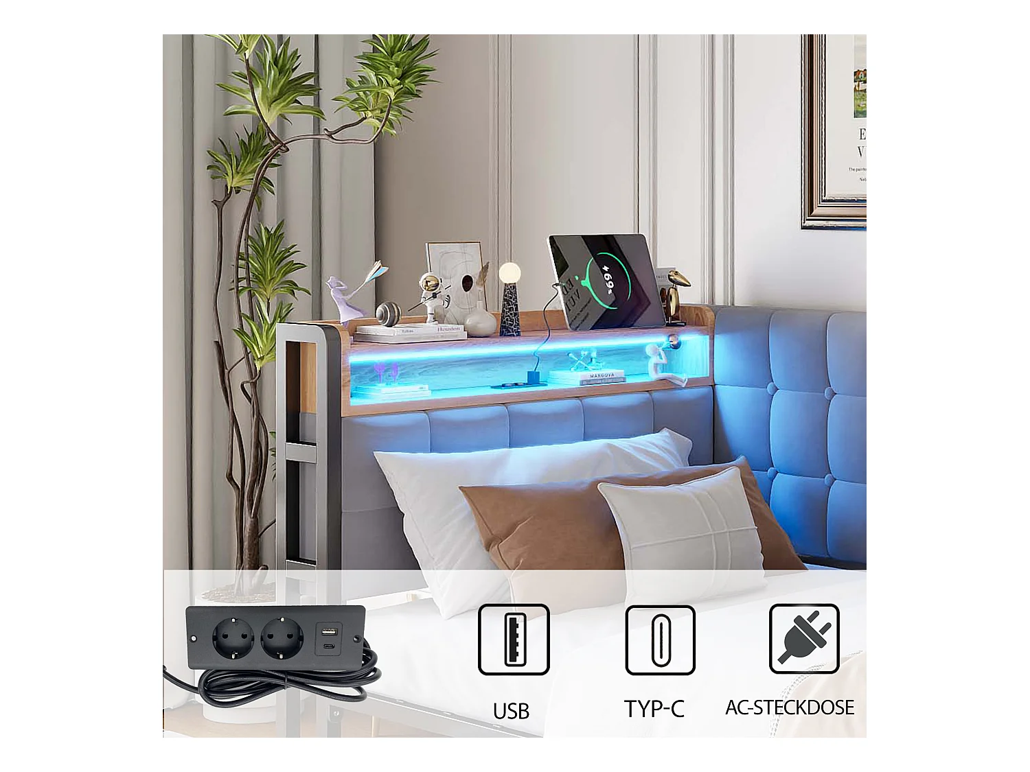 Canapé-lit rembourré pour enfant - 90 x 200 cm - avec 2 tiroirs + Leds + USB + Type - Velours + métal + contreplaqué + MDF - gris clair