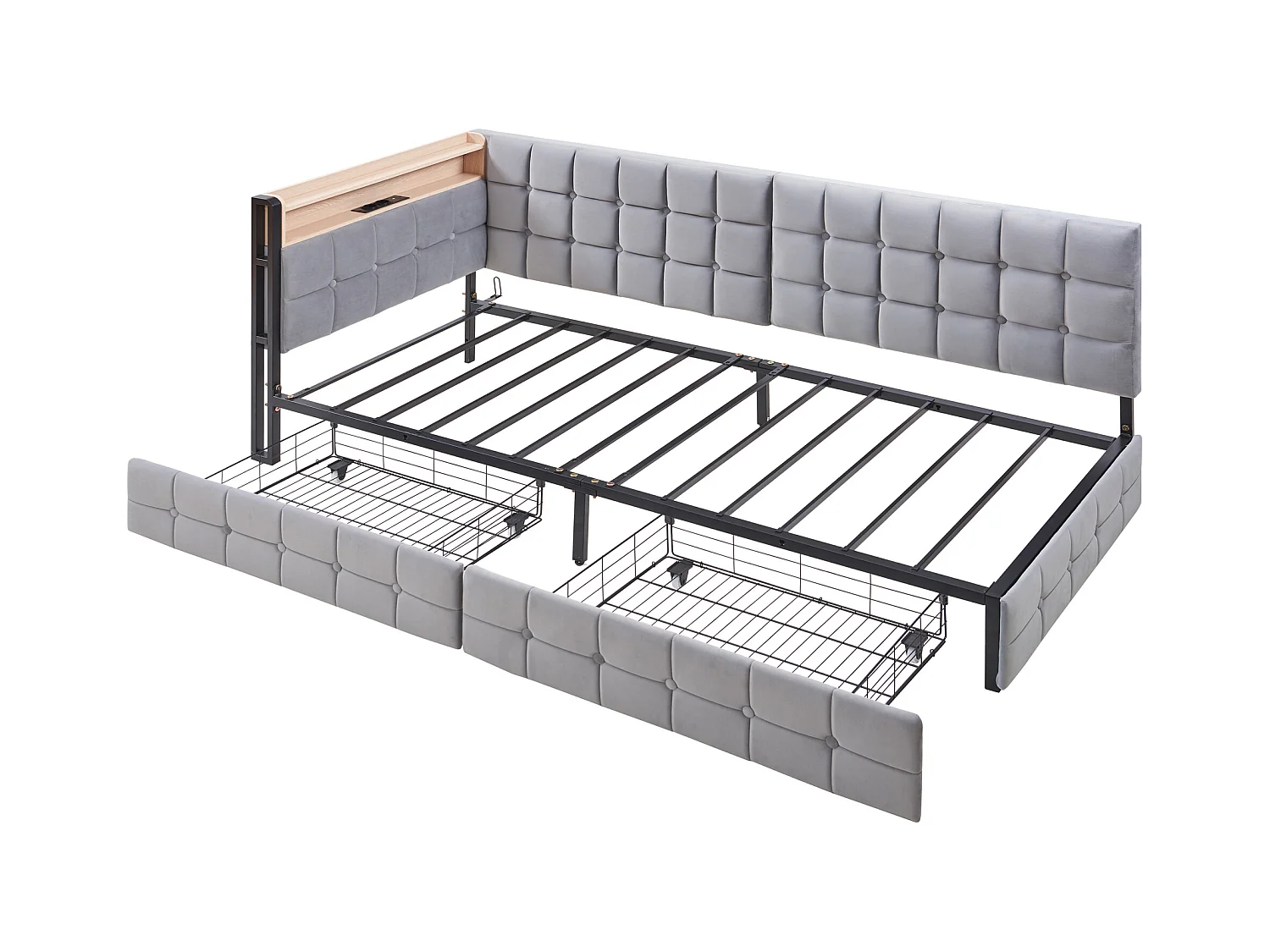 Canapé-lit rembourré pour enfant - 90 x 200 cm - avec 2 tiroirs + Leds + USB + Type - Velours + métal + contreplaqué + MDF - gris clair