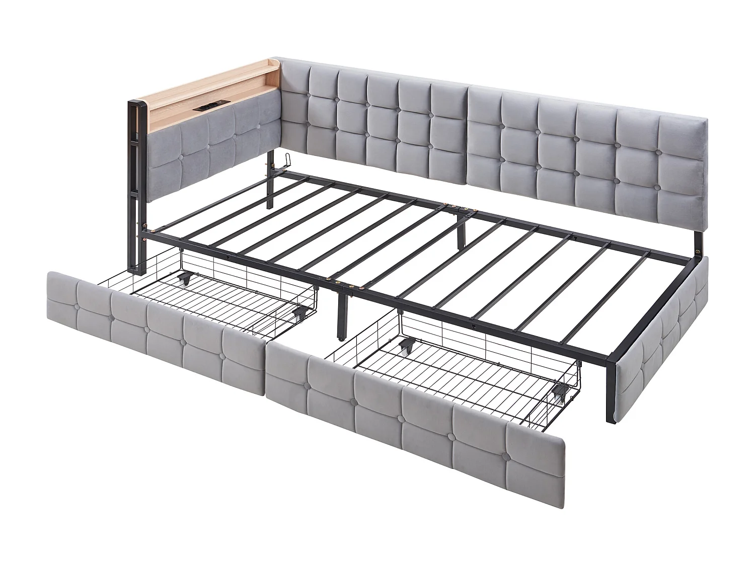 Canapé-lit rembourré pour enfant - 90 x 200 cm - avec 2 tiroirs + Leds + USB + Type - Velours + métal + contreplaqué + MDF - gris clair