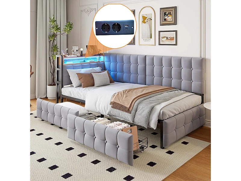 Gestoffeerde kinderbank Bed - 90 x 200 cm - met 2 lades + LED's + USB + Type - Fluweel + metaal + multiplex + MDF - lichtgrijs