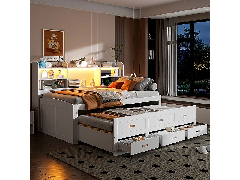 Ausziehsofa – 90 x 200 cm + 90 x 190 cm – mit LEDs + 3 Schubladen + Nachttisch + USB + Typ-C – Spanplatte + MDF – Weiß