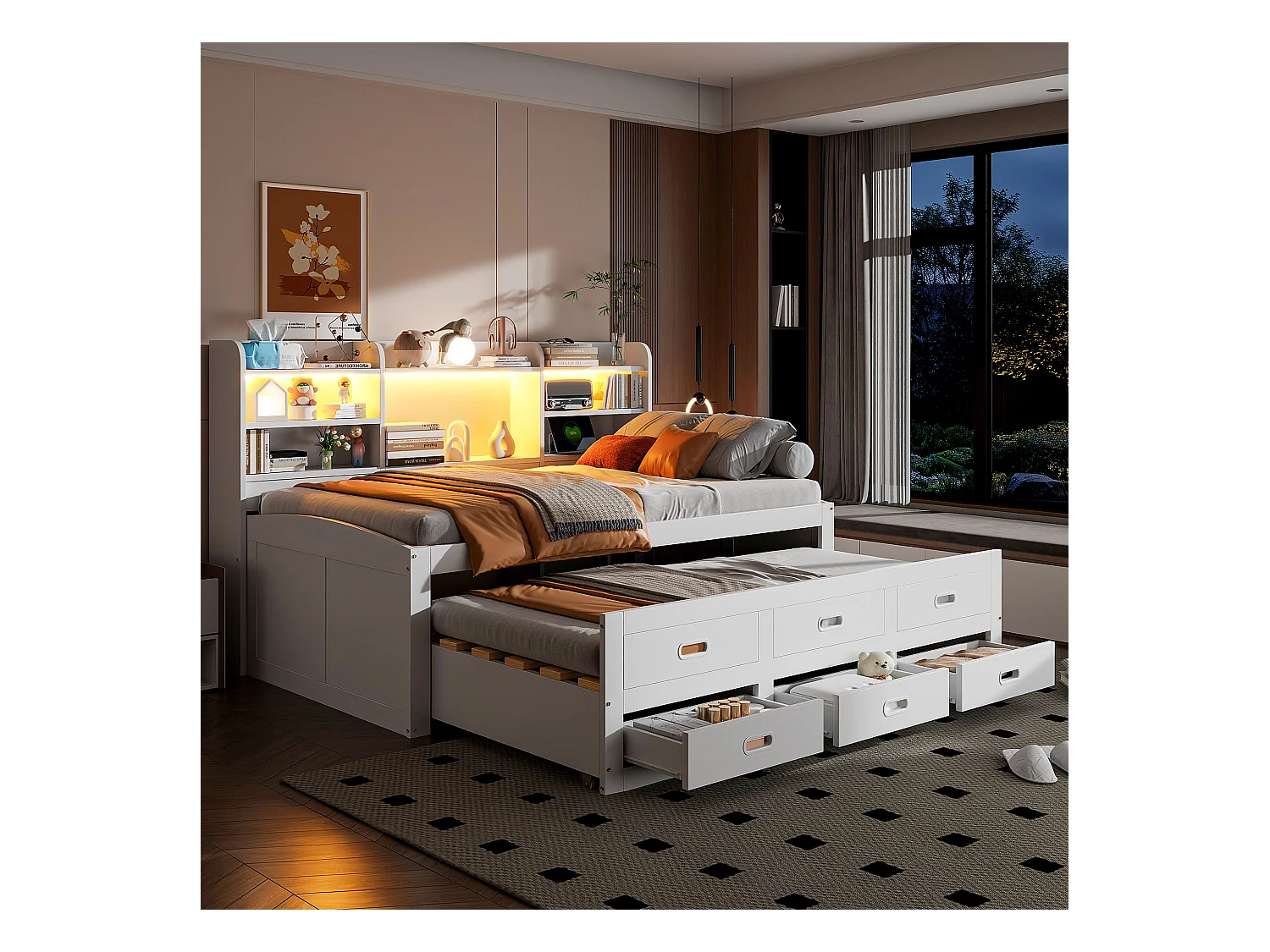 Ausziehsofa – 90 x 200 cm + 90 x 190 cm – mit LEDs + 3 Schubladen + Nachttisch + USB + Typ-C – Spanplatte + MDF – Weiß