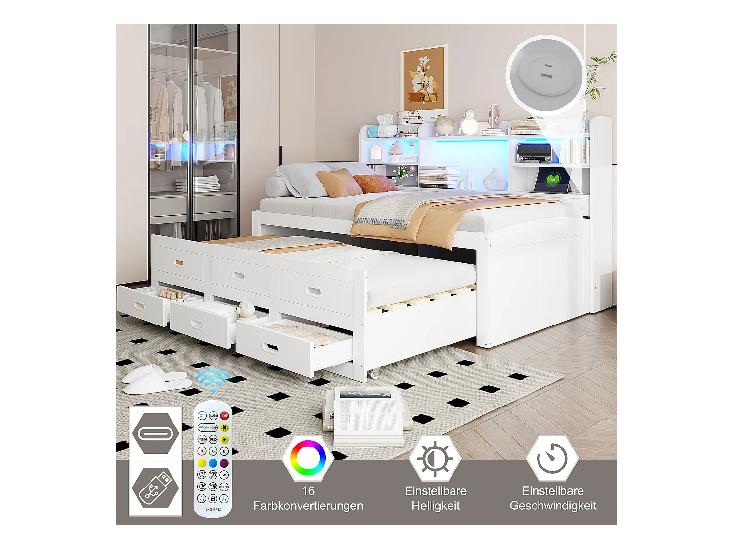 Ausziehsofa – 90 x 200 cm + 90 x 190 cm – mit LEDs + 3 Schubladen + Nachttisch + USB + Typ-C – Spanplatte + MDF – Weiß