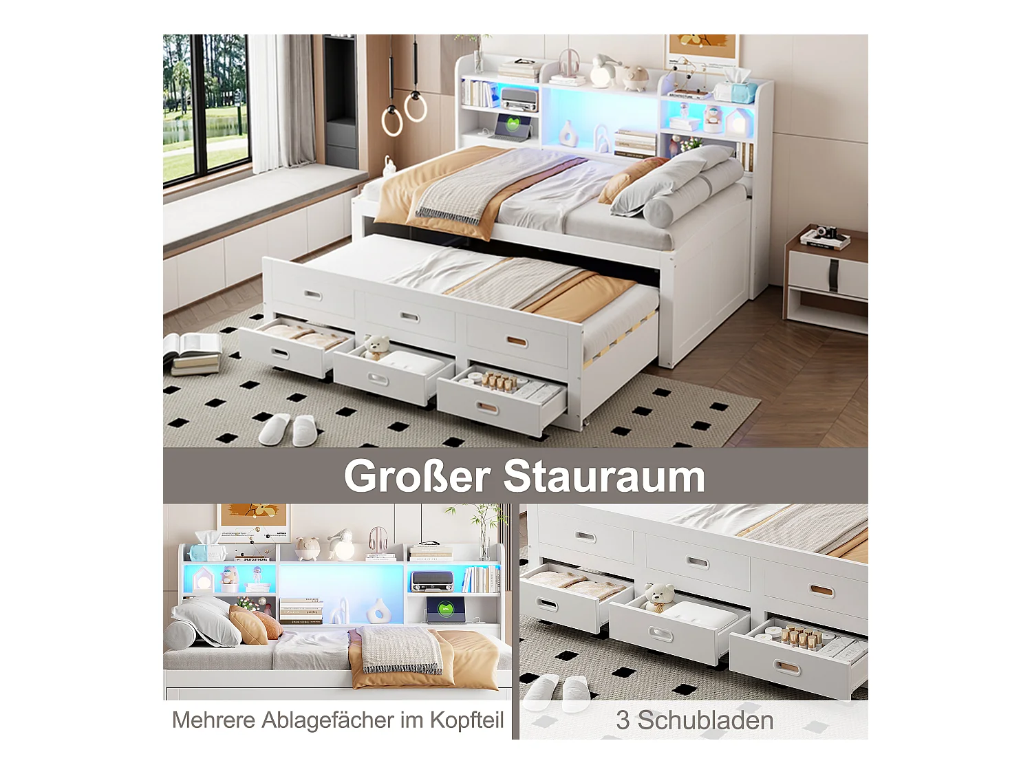 Ausziehsofa – 90 x 200 cm + 90 x 190 cm – mit LEDs + 3 Schubladen + Nachttisch + USB + Typ-C – Spanplatte + MDF – Weiß