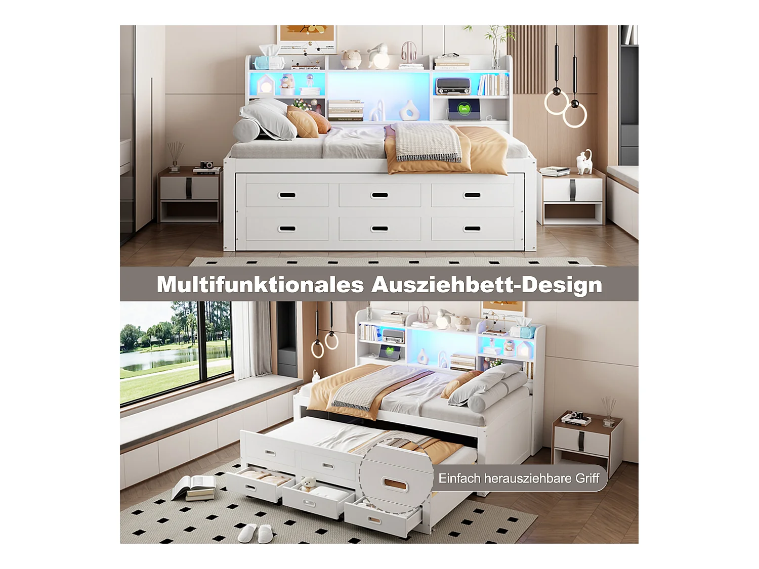 Ausziehsofa – 90 x 200 cm + 90 x 190 cm – mit LEDs + 3 Schubladen + Nachttisch + USB + Typ-C – Spanplatte + MDF – Weiß