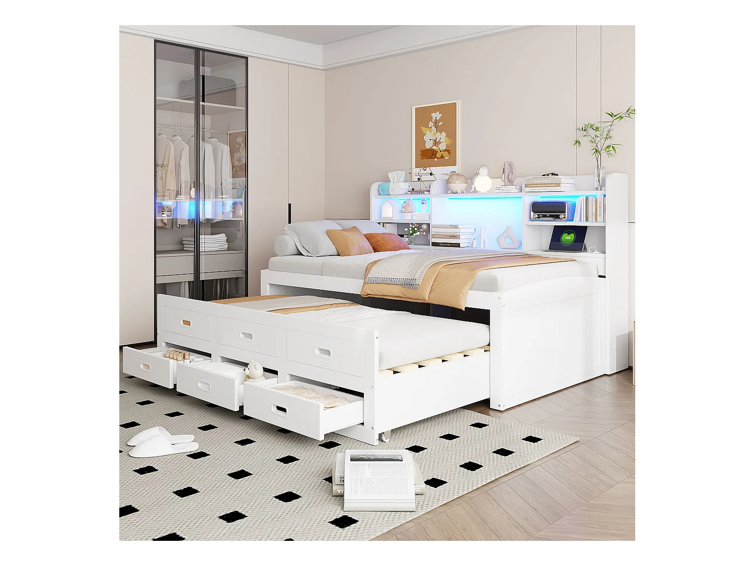 Ausziehsofa – 90 x 200 cm + 90 x 190 cm – mit LEDs + 3 Schubladen + Nachttisch + USB + Typ-C – Spanplatte + MDF – Weiß