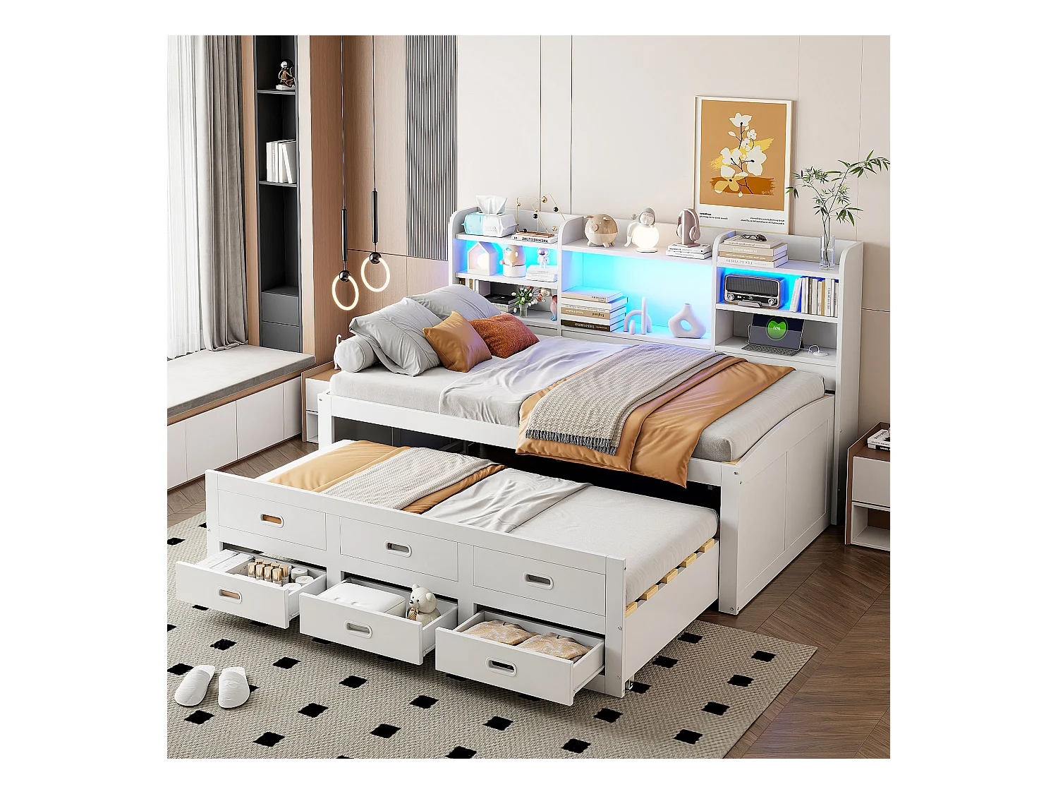 Ausziehsofa – 90 x 200 cm + 90 x 190 cm – mit LEDs + 3 Schubladen + Nachttisch + USB + Typ-C – Spanplatte + MDF – Weiß