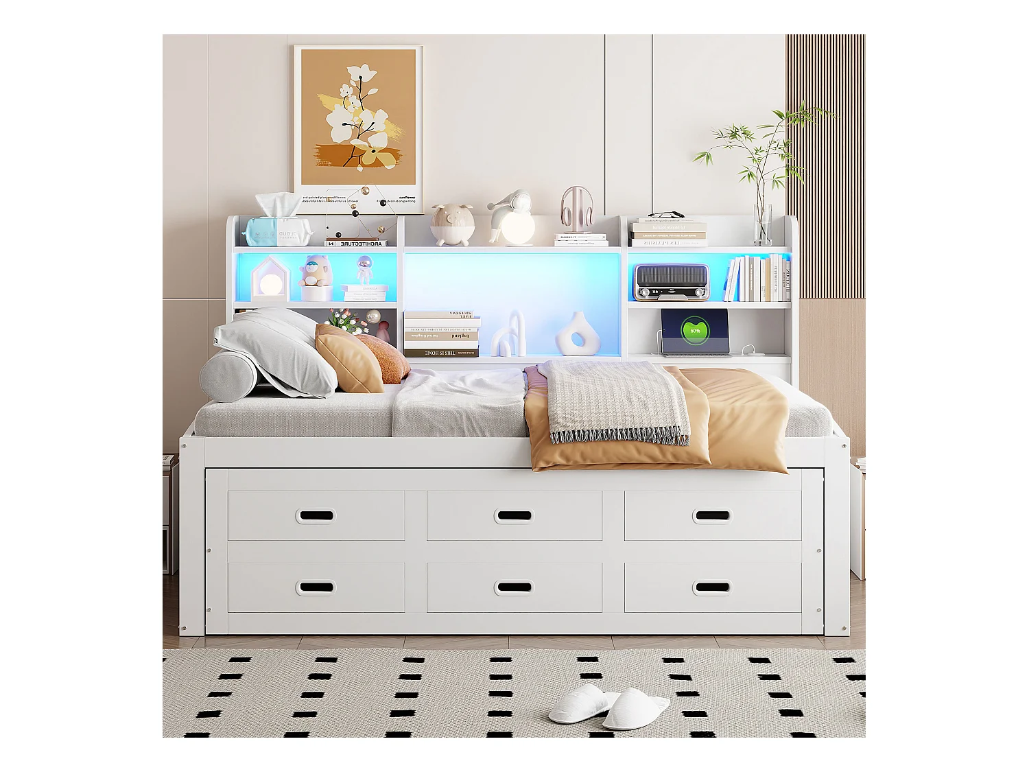 Ausziehsofa – 90 x 200 cm + 90 x 190 cm – mit LEDs + 3 Schubladen + Nachttisch + USB + Typ-C – Spanplatte + MDF – Weiß