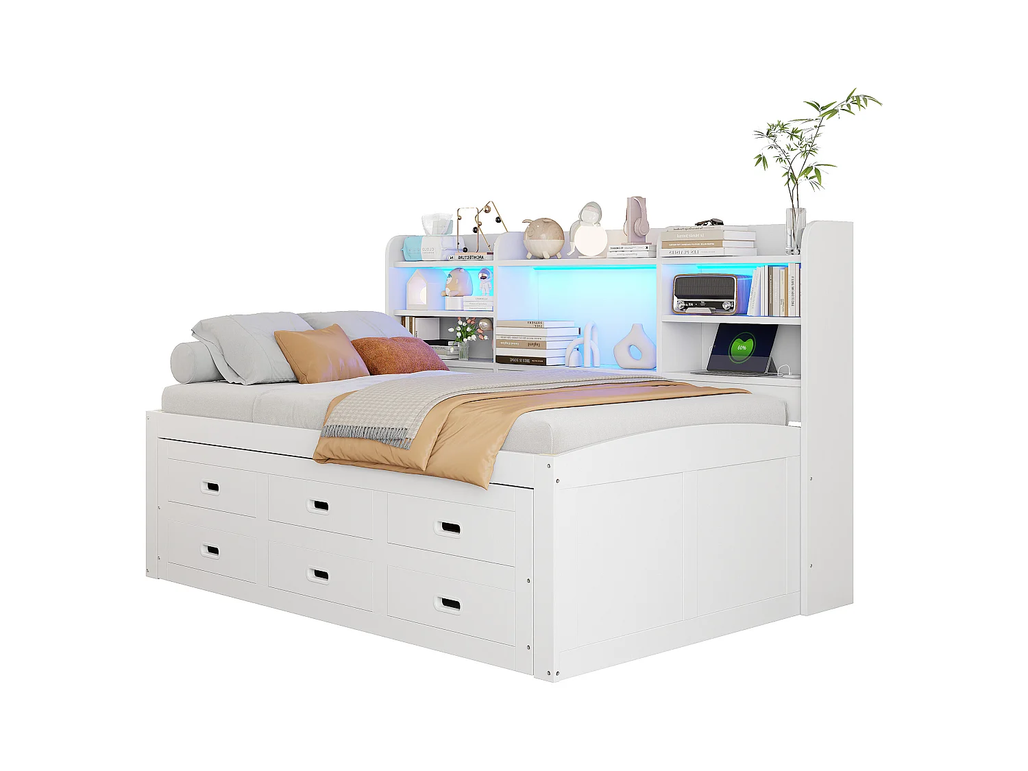 Ausziehsofa – 90 x 200 cm + 90 x 190 cm – mit LEDs + 3 Schubladen + Nachttisch + USB + Typ-C – Spanplatte + MDF – Weiß