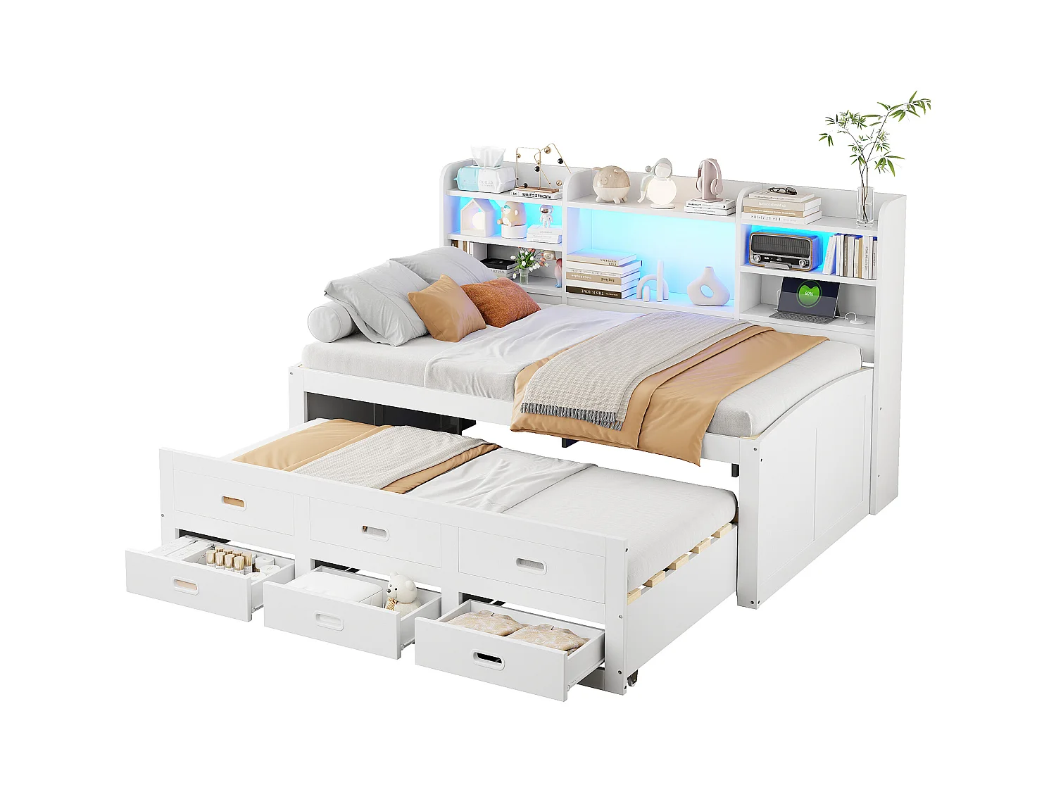 Ausziehsofa – 90 x 200 cm + 90 x 190 cm – mit LEDs + 3 Schubladen + Nachttisch + USB + Typ-C – Spanplatte + MDF – Weiß