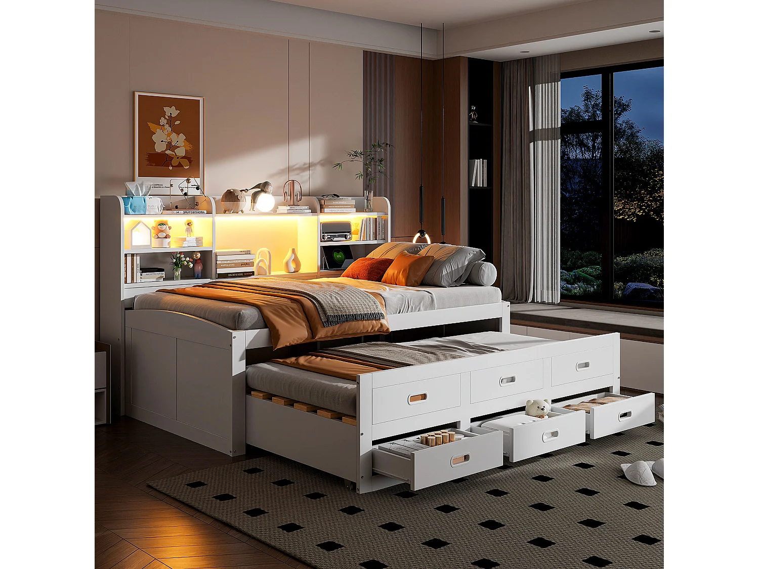 Ausziehsofa – 90 x 200 cm + 90 x 190 cm – mit LEDs + 3 Schubladen + Nachttisch + USB + Typ-C – Spanplatte + MDF – Weiß