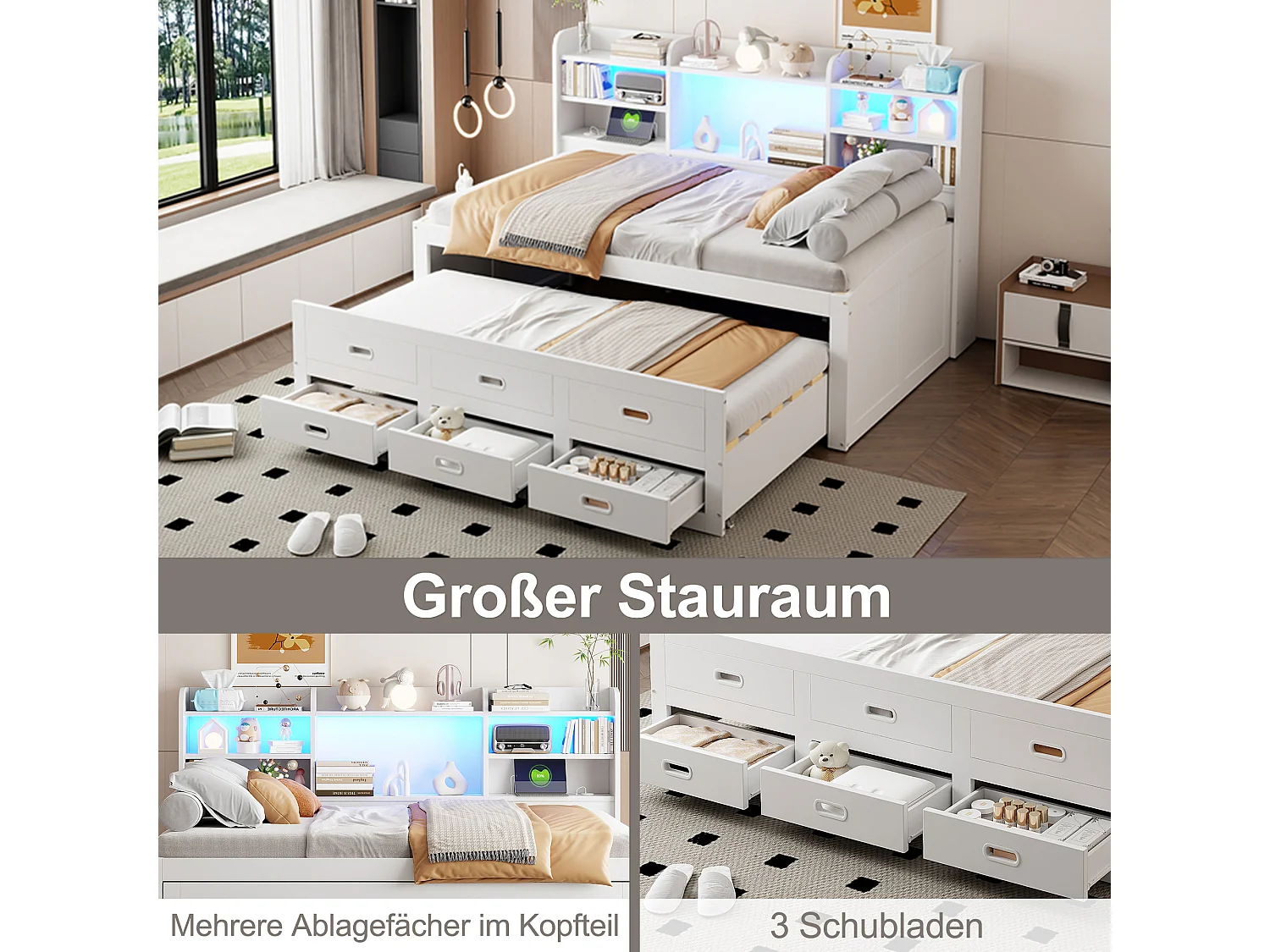 Ausziehsofa – 90 x 200 cm + 90 x 190 cm – mit LEDs + 3 Schubladen + Nachttisch + USB + Typ-C – Spanplatte + MDF – Weiß