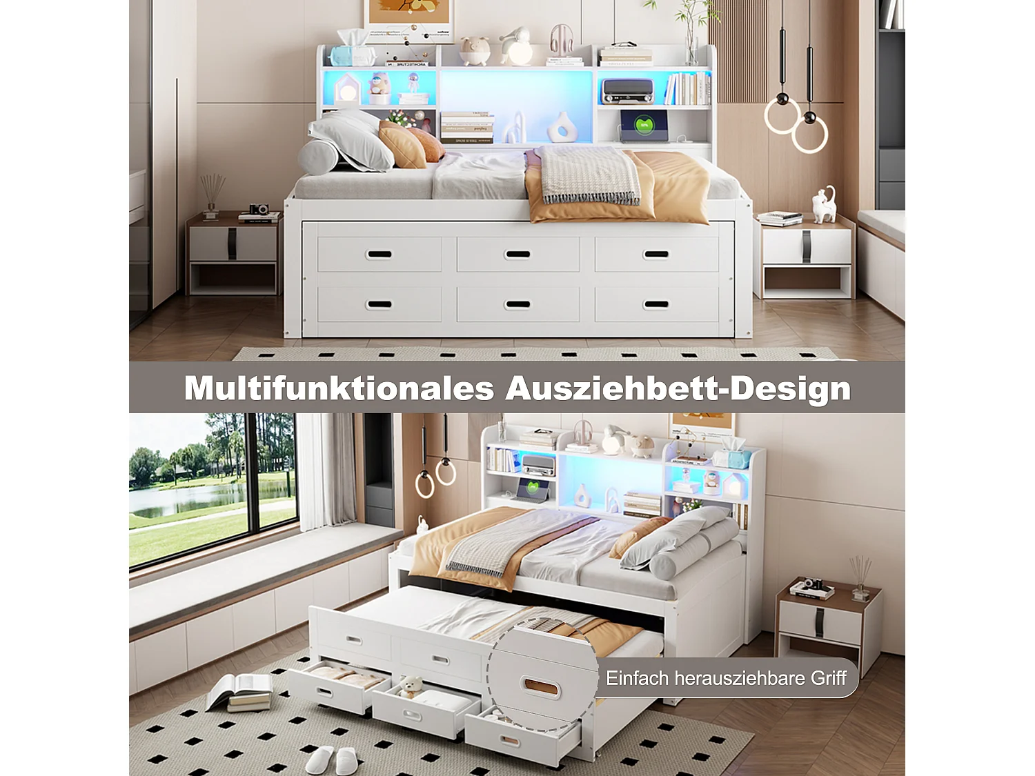 Ausziehbares Schlafsofa – 90 x 200 cm + 90 x 190 cm – mit LED-Beleuchtung, 3 Schubladen, Nachttisch, USB- und USB-C-Anschluss – Spanplatte und MDF – weiß