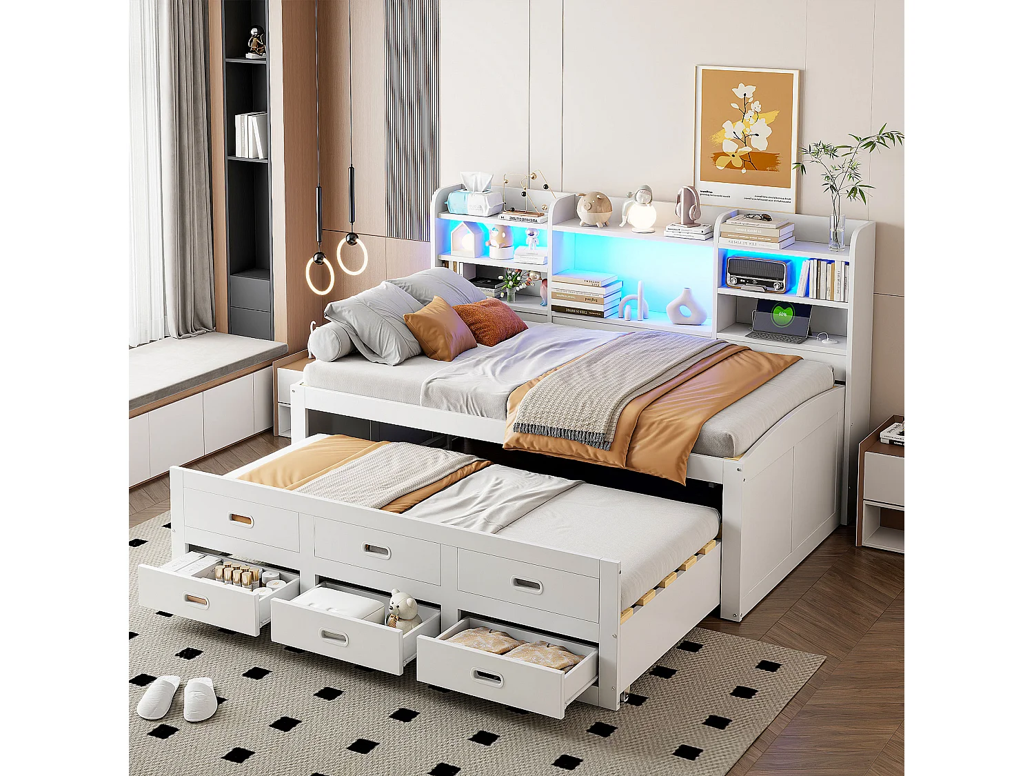 Ausziehbares Schlafsofa – 90 x 200 cm + 90 x 190 cm – mit LED-Beleuchtung, 3 Schubladen, Nachttisch, USB- und USB-C-Anschluss – Spanplatte und MDF – weiß