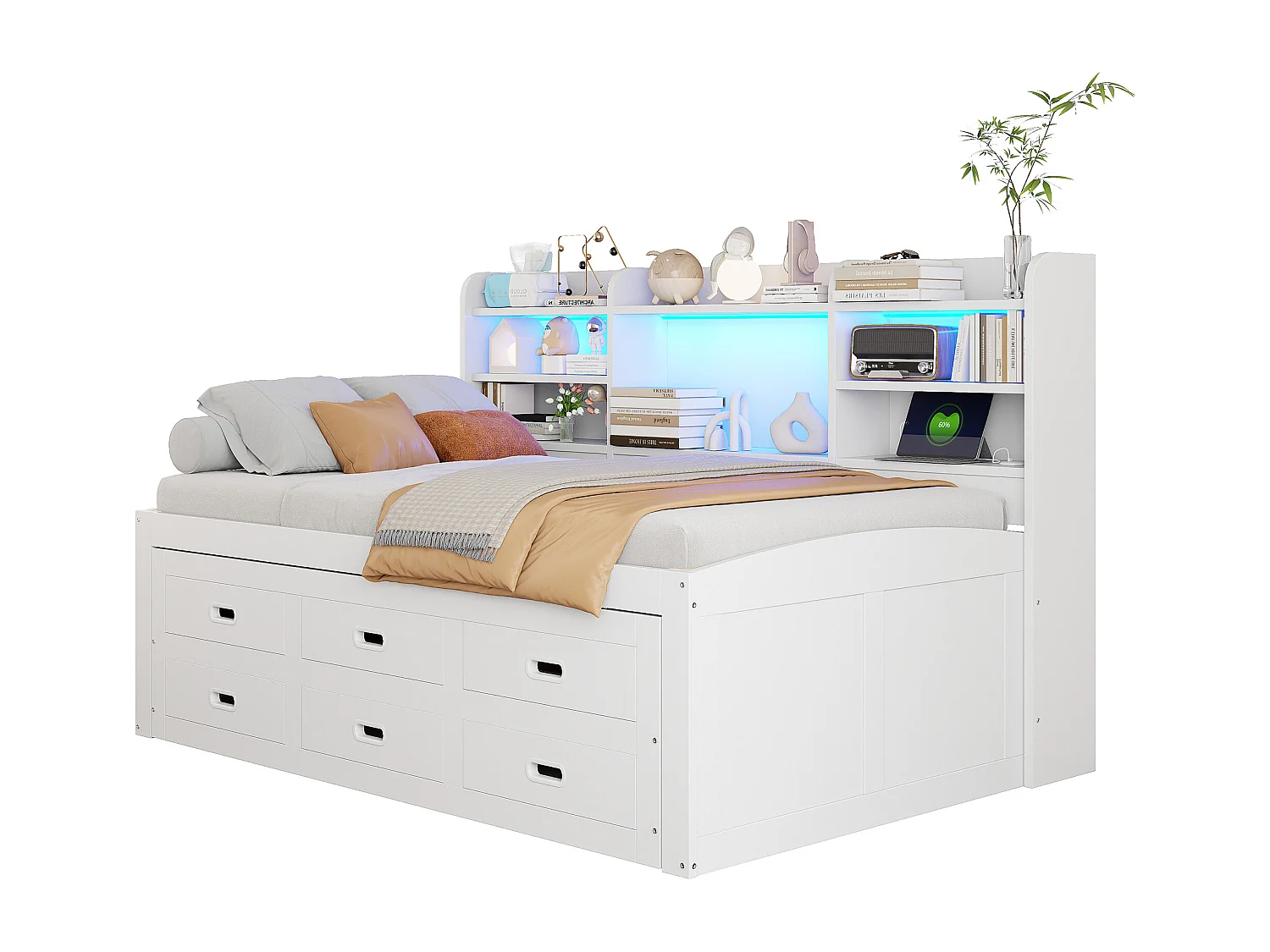 Ausziehbares Schlafsofa – 90 x 200 cm + 90 x 190 cm – mit LED-Beleuchtung, 3 Schubladen, Nachttisch, USB- und USB-C-Anschluss – Spanplatte und MDF – weiß