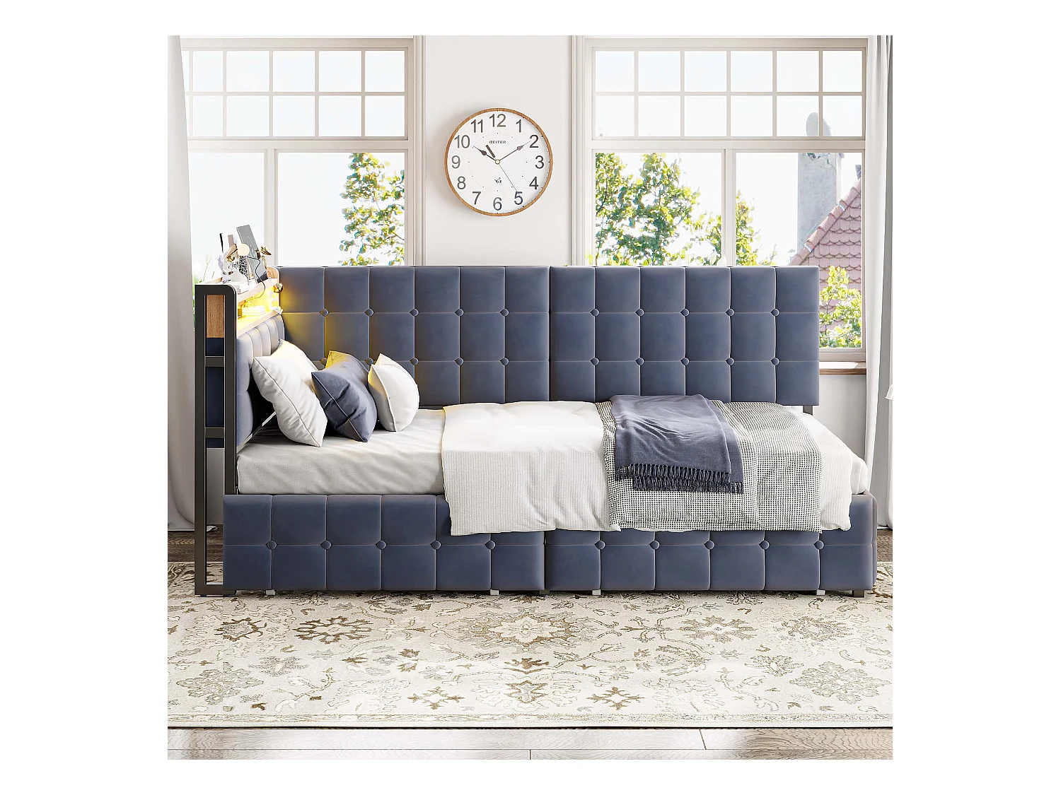 Canapé-lit rembourré pour enfant - 90 x 200 cm - avec 2 tiroirs + Leds + USB + Type - Velours + métal + contreplaqué + MDF - gris