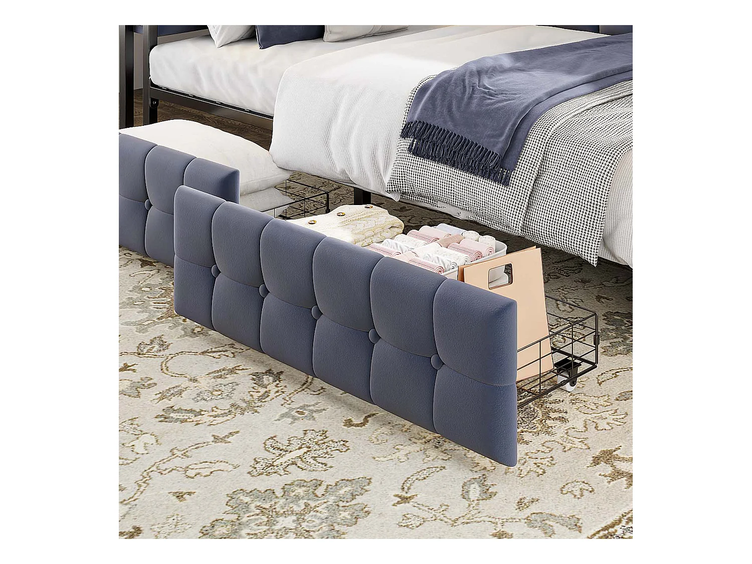 Canapé-lit rembourré pour enfant - 90 x 200 cm - avec 2 tiroirs + Leds + USB + Type - Velours + métal + contreplaqué + MDF - gris