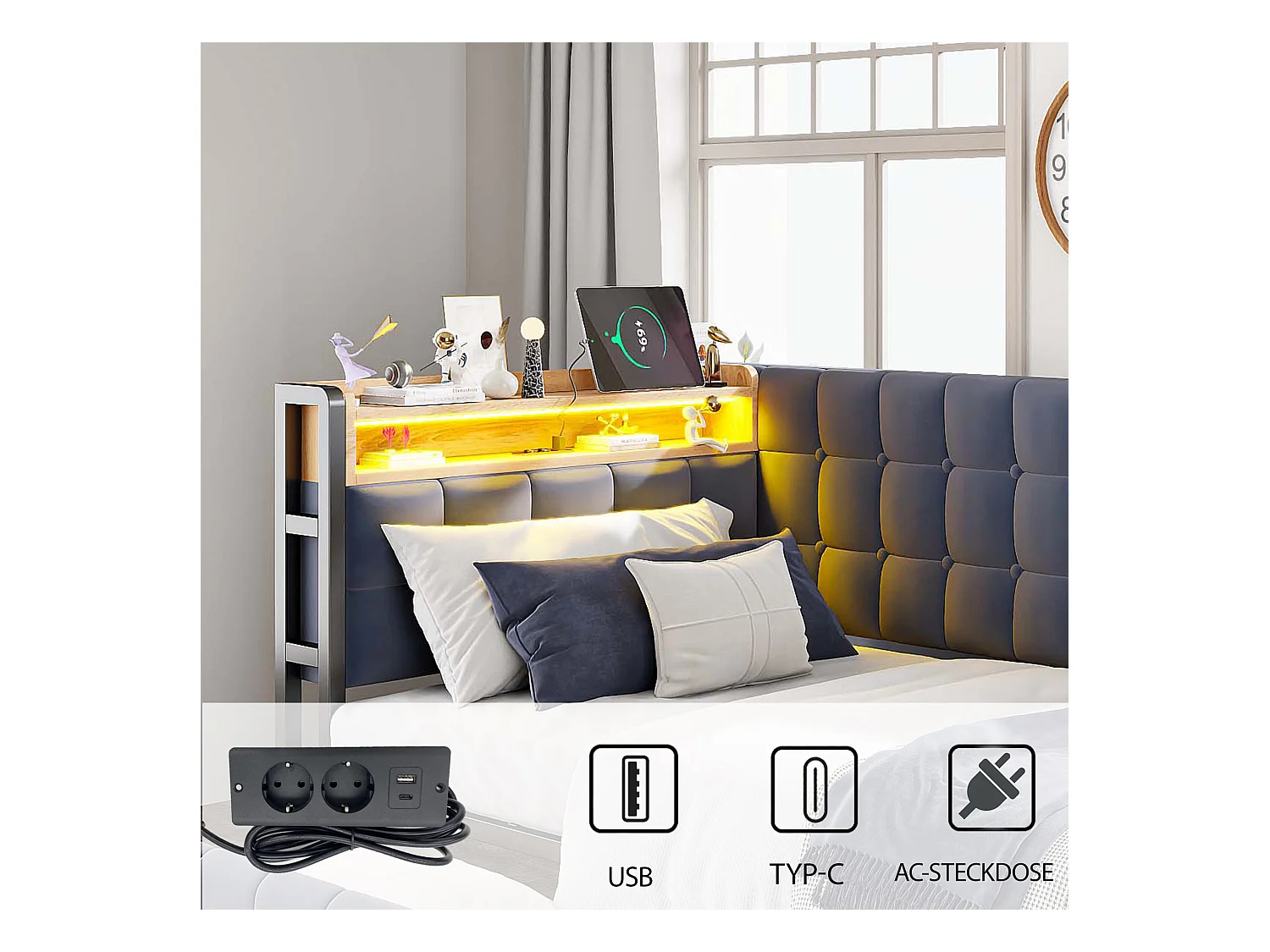 Canapé-lit rembourré pour enfant - 90 x 200 cm - avec 2 tiroirs + Leds + USB + Type - Velours + métal + contreplaqué + MDF - gris