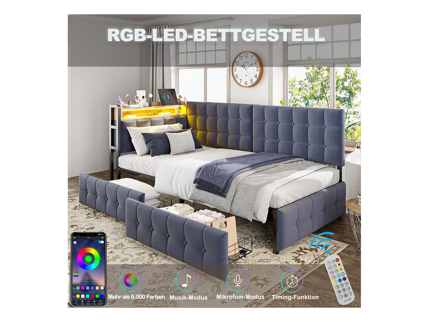 Canapé-lit rembourré pour enfant - 90 x 200 cm - avec 2 tiroirs + Leds + USB + Type - Velours + métal + contreplaqué + MDF - gris