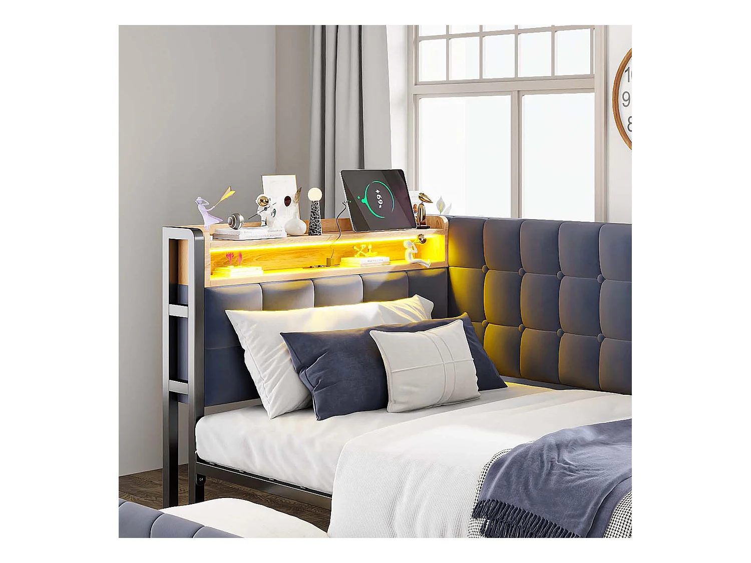 Canapé-lit rembourré pour enfant - 90 x 200 cm - avec 2 tiroirs + Leds + USB + Type - Velours + métal + contreplaqué + MDF - gris