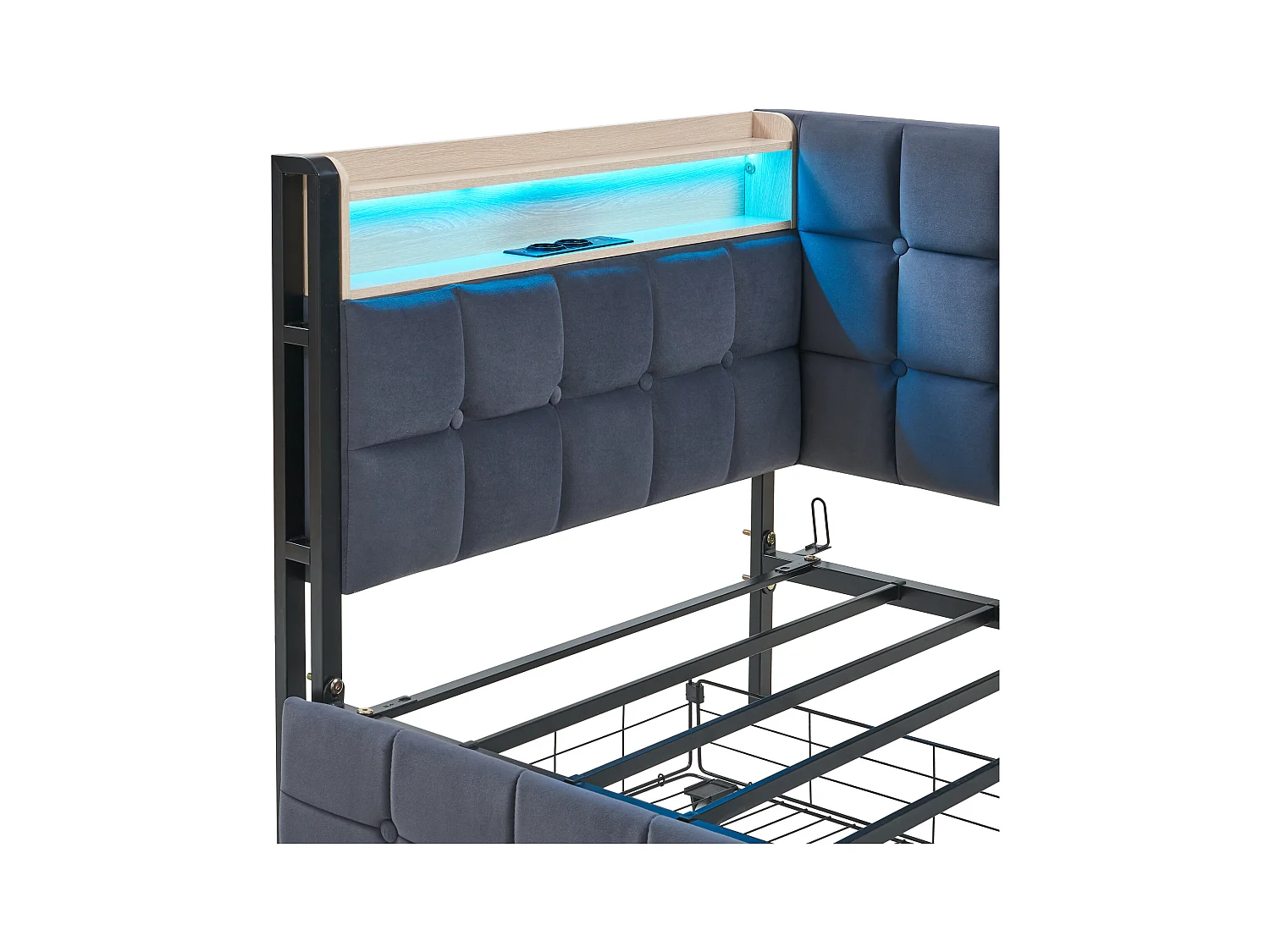 Canapé-lit rembourré pour enfant - 90 x 200 cm - avec 2 tiroirs + Leds + USB + Type - Velours + métal + contreplaqué + MDF - gris