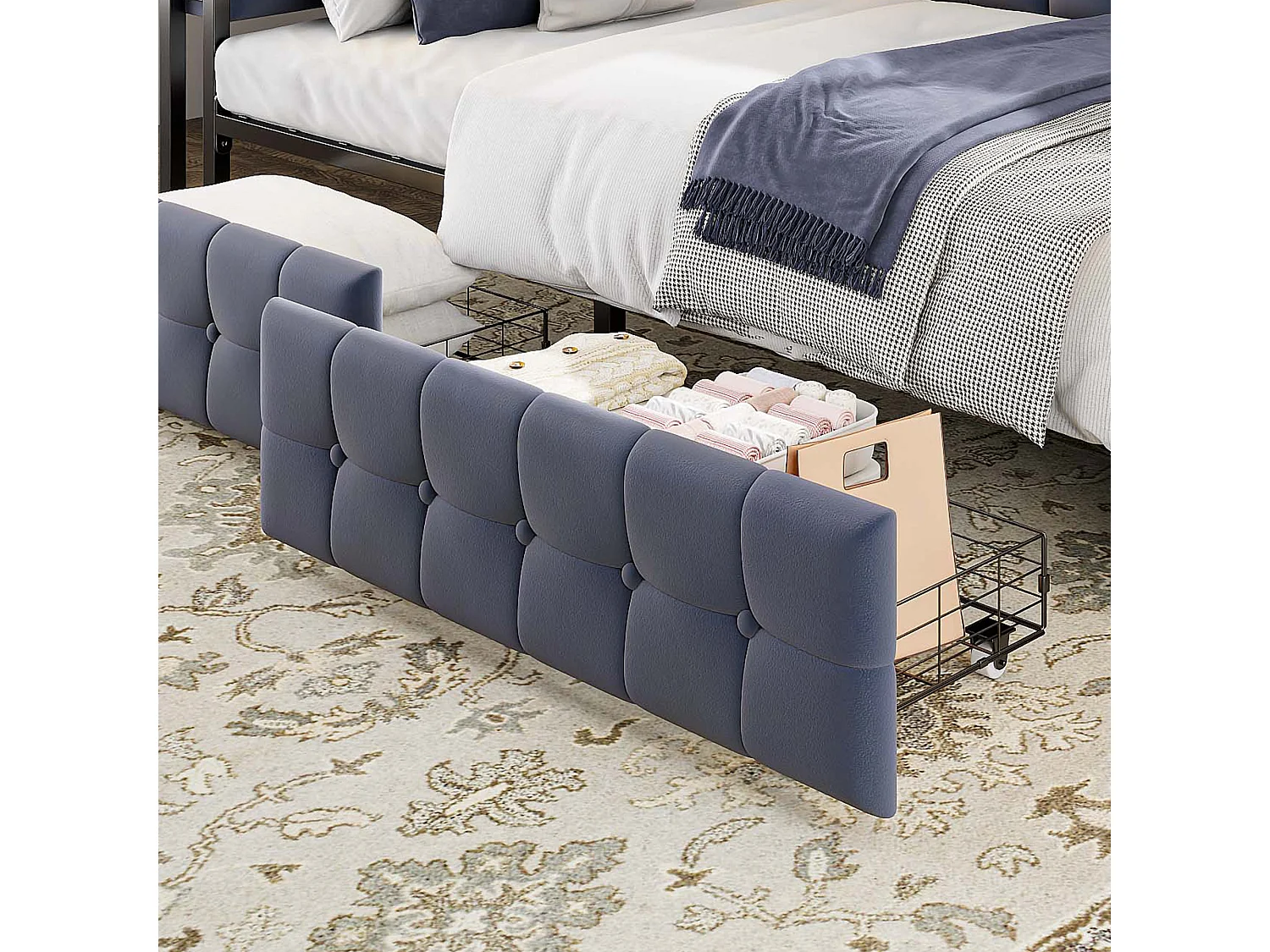 Canapé-lit rembourré pour enfant - 90 x 200 cm - avec 2 tiroirs + Leds + USB + Type - Velours + métal + contreplaqué + MDF - gris