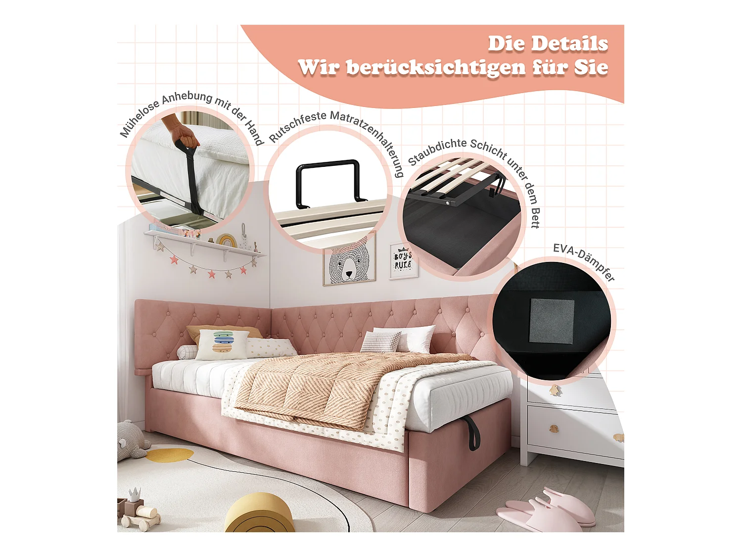 Canapé-lit rembourré pour enfant - 90 x 200 cm - avec rangement hydraulique - velours - rose