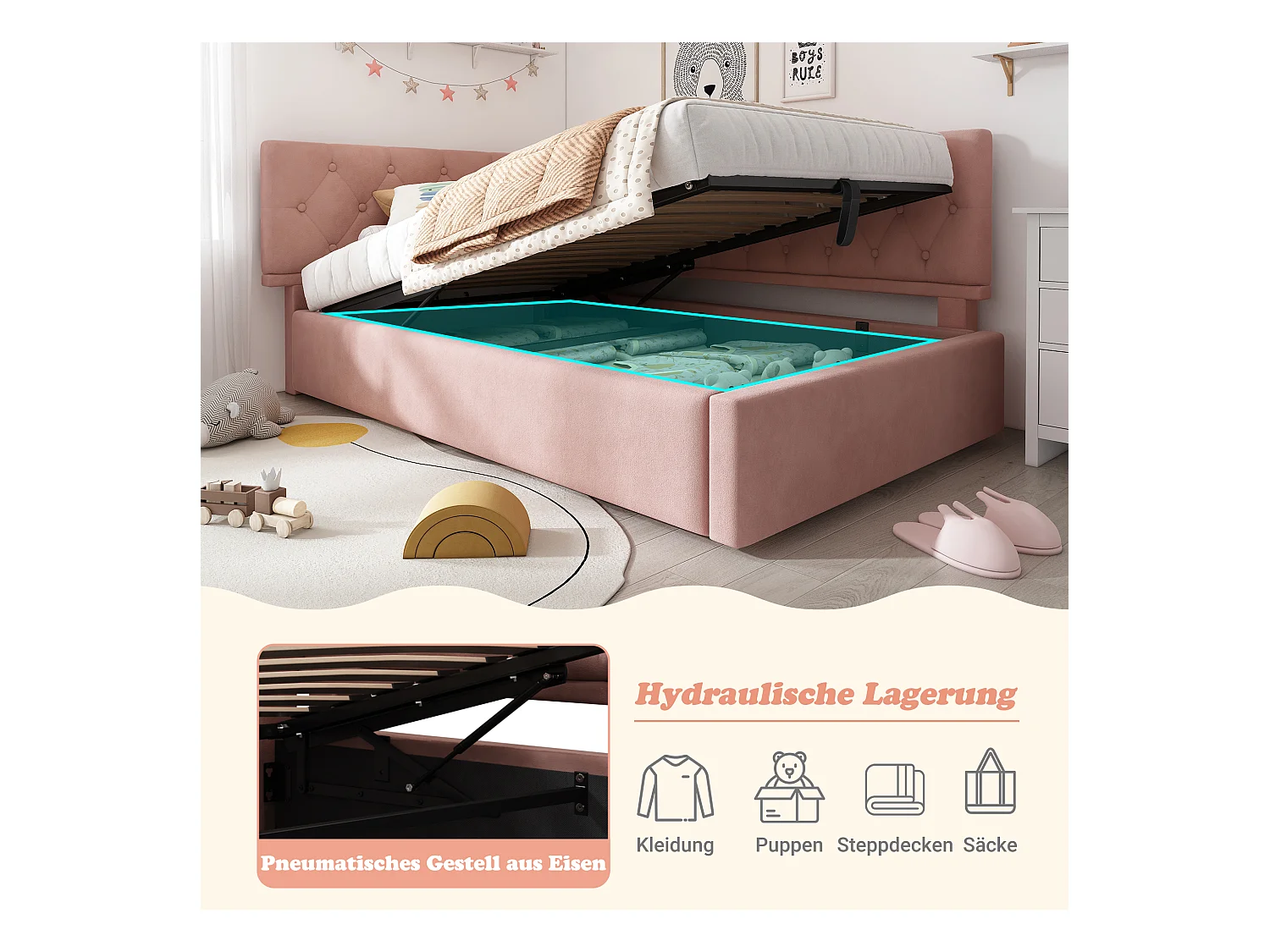 Canapé-lit rembourré pour enfant - 90 x 200 cm - avec rangement hydraulique - velours - rose