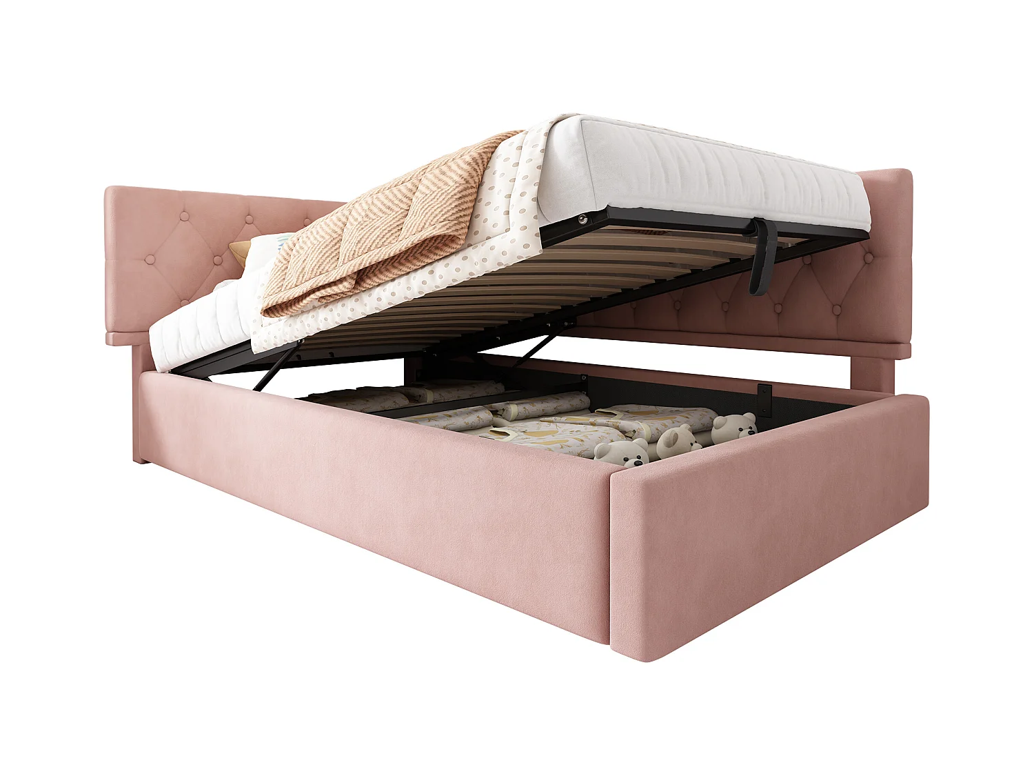 Canapé-lit rembourré pour enfant - 90 x 200 cm - avec rangement hydraulique - velours - rose