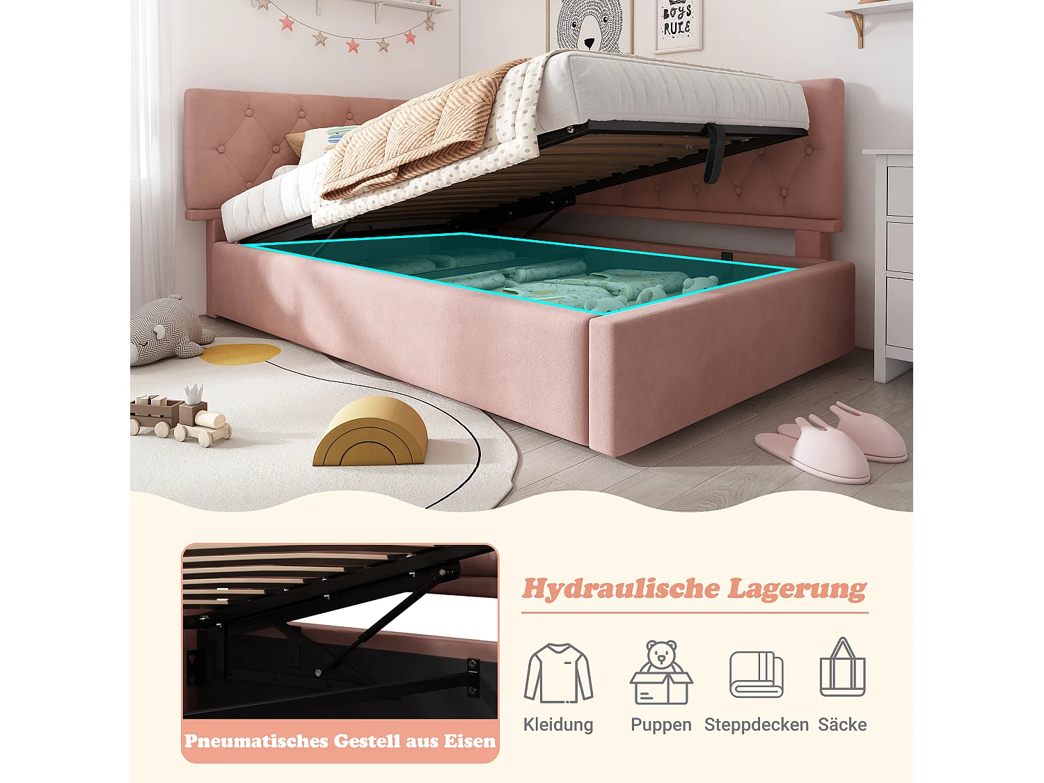 Kinder-Polsterschlafsofa - 90 x 200 cm - mit hydraulischem Stauraum - Samt - rosa