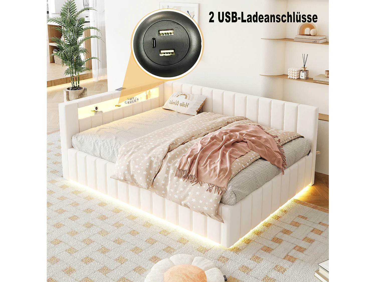 Klädd bäddsoffa - 140 x 200 cm - med hydraulisk förvaring + LED-lampor + USB + ryggstöd + huvudgavel - sammet + plywood + MDF - beige