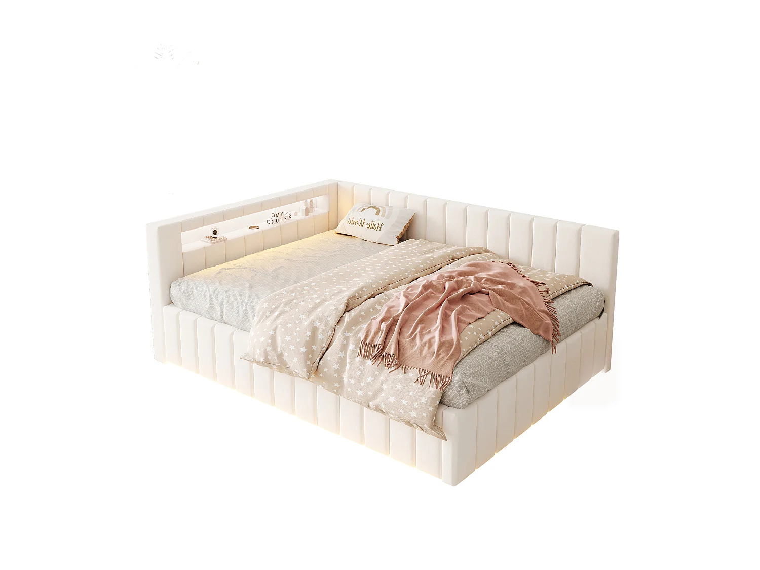 Klädd bäddsoffa - 140 x 200 cm - med hydraulisk förvaring + LED-lampor + USB + ryggstöd + huvudgavel - sammet + plywood + MDF - beige