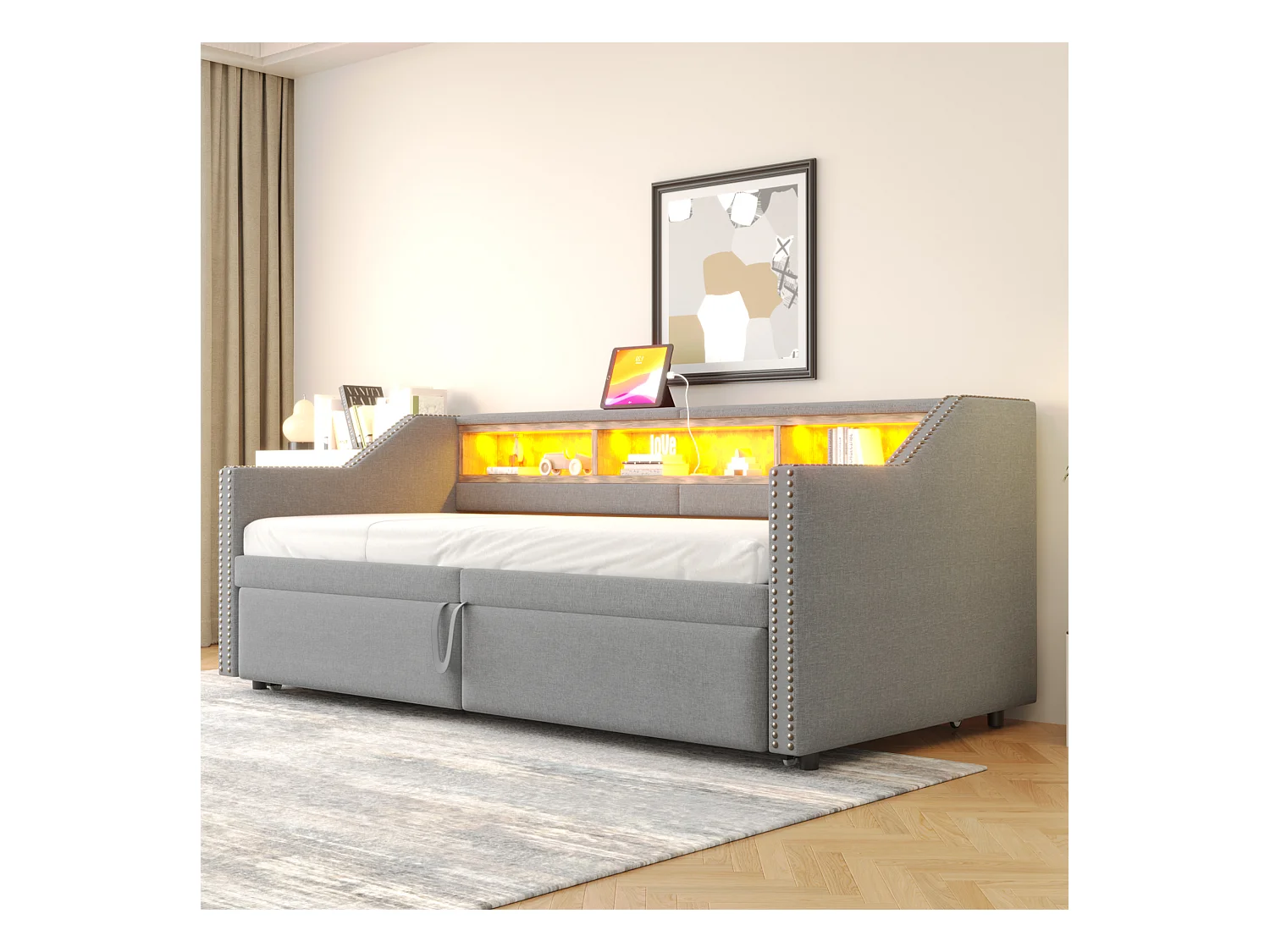 Divano letto estraibile imbottito - 90/180 x 200 cm - con contenitore + LED + porta USB - Lino + metallo + compensato + MDF - grigio chiaro